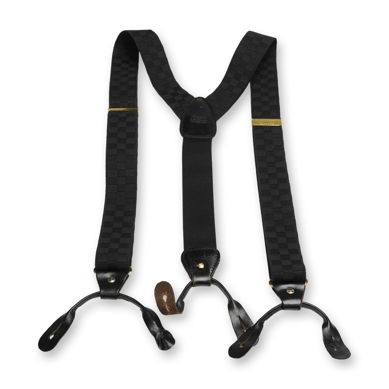 Regent Belt Co. English Brown Suspenders with Leather & Brass Accents: Regent suspenders made with brown check-pattern elastic strap design with genuine leather reinforcements and solid brass fittings. The high-quality materials and traditional button-end style combine d
