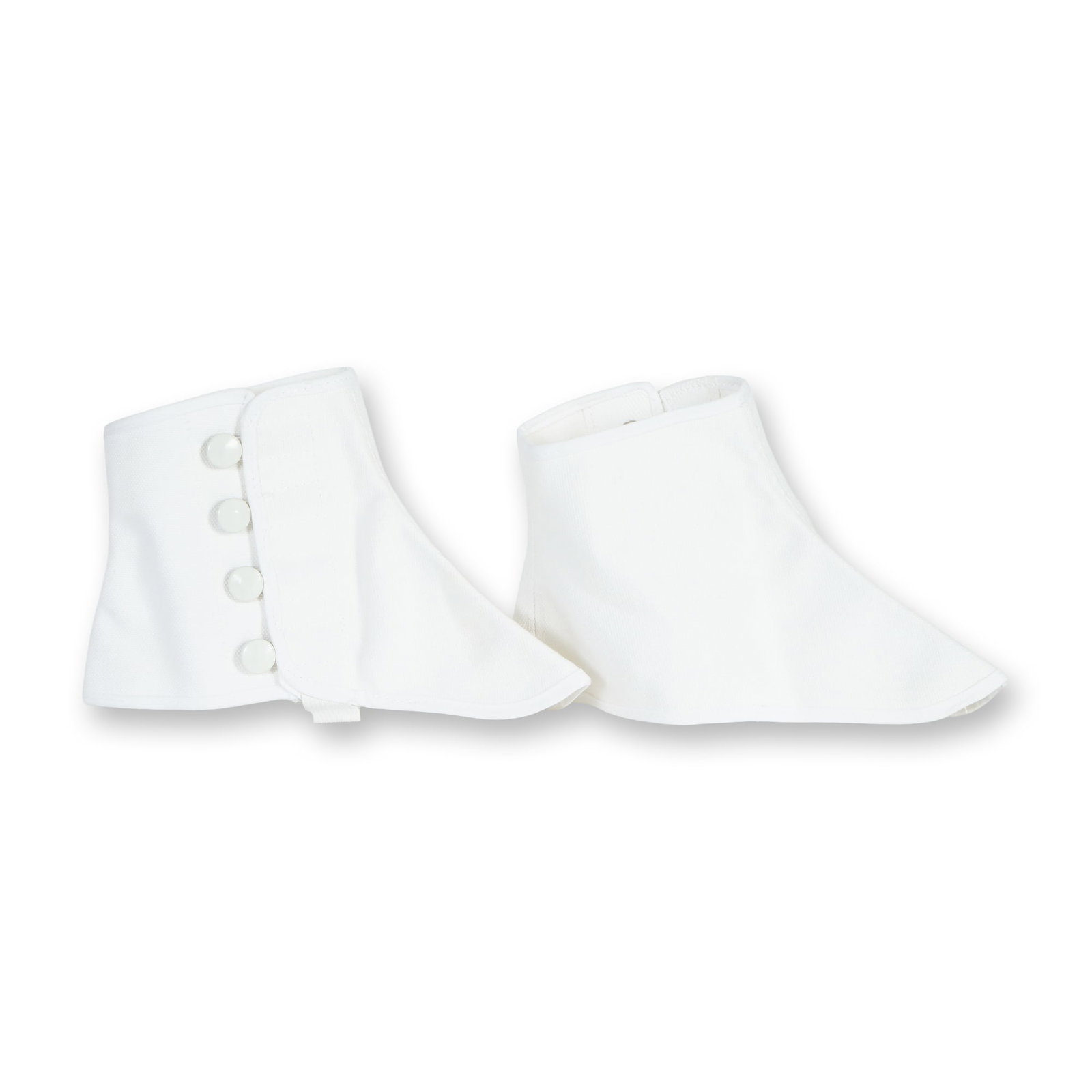 Pair of White Cotton Spats: This pair of white cotton spats presents a traditional silhouette distinguished by its structured form, buttoned closure, and underfoot strap, designed to envelop the ankle. Dimensions: 9.5"W x 6.5"H
