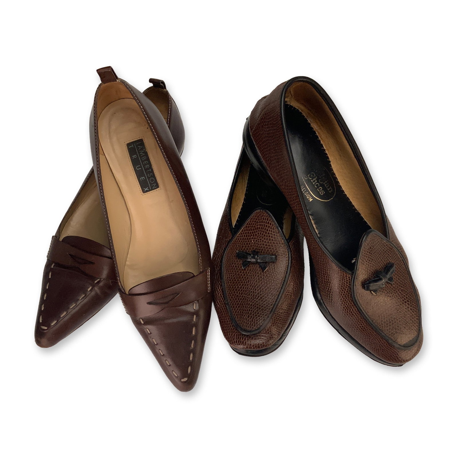 Two Pairs of Women's Lambertson Truex and Belgian Shoes Lizard Calf: This lot features two pairs of women's designer loafers. The first pair is by Lambertson Truex, crafted in Italy. These pointed-toe flats are constructed from dark brown smooth leather and feature a p
