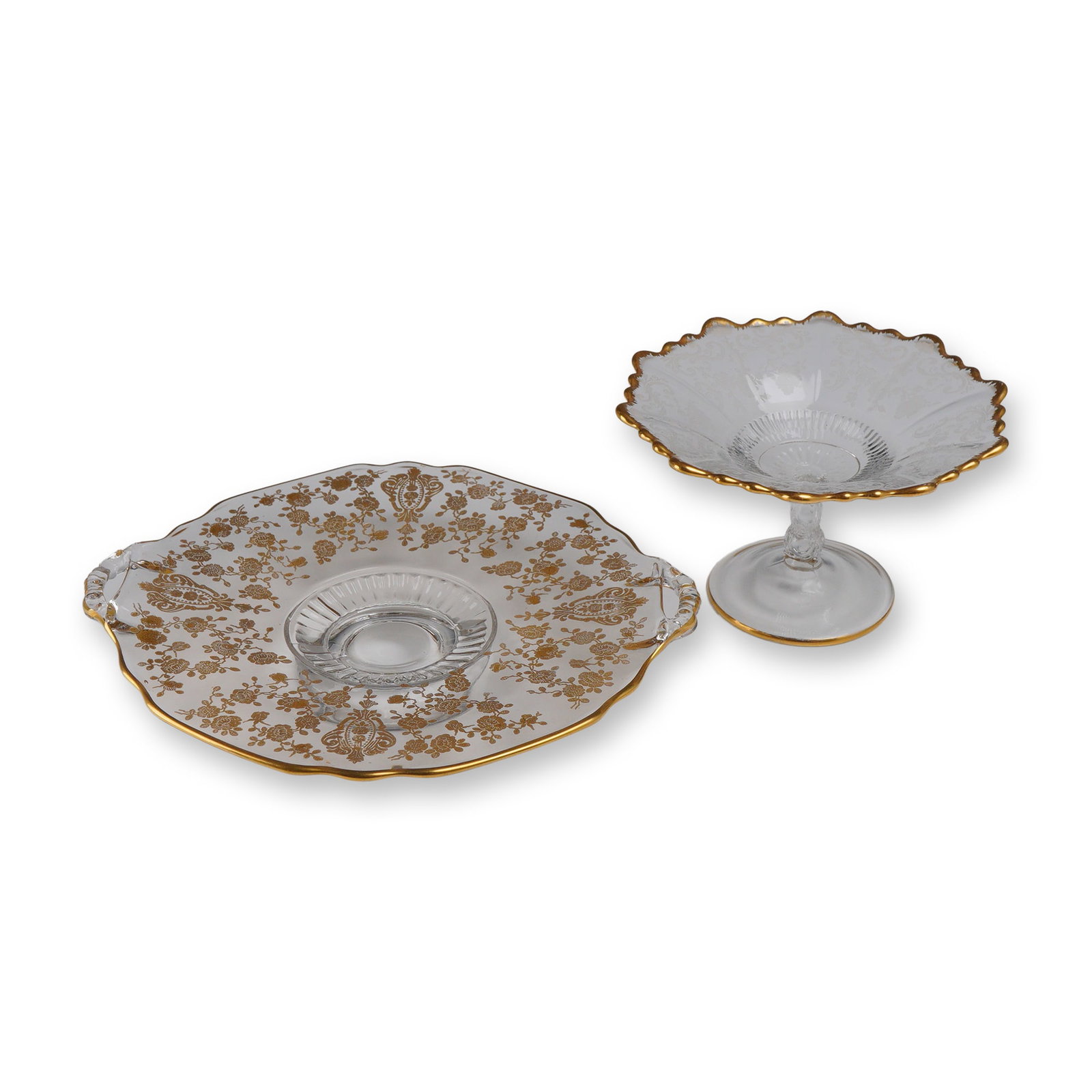 2pc Cambridge Glass Rose Point Gilded Glass Dishes: This lot consists of two pressed glass dishes from the American Elegant era, featuring intricate gold-encrusted and gold-gilt etched decorations. The first item is a circular handled serving plate by 