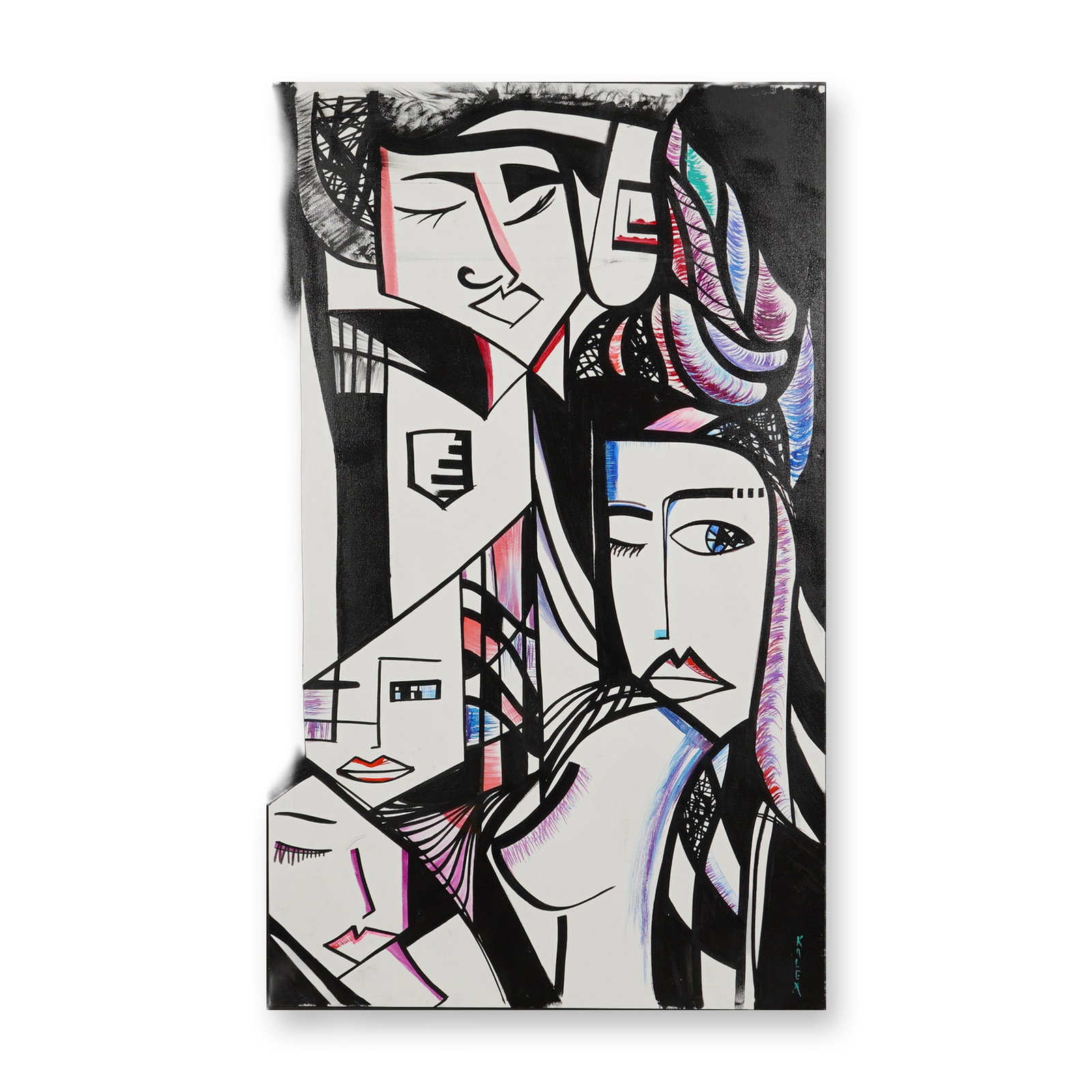Kalex (American 20th-21st century) Mixed Media on Board, Signed: This abstract mixed-media on board painting by artist Kalex is executed in a Cubist-inspired style and features a composition of overlapping and stylized human faces and forms. The work is defined by 