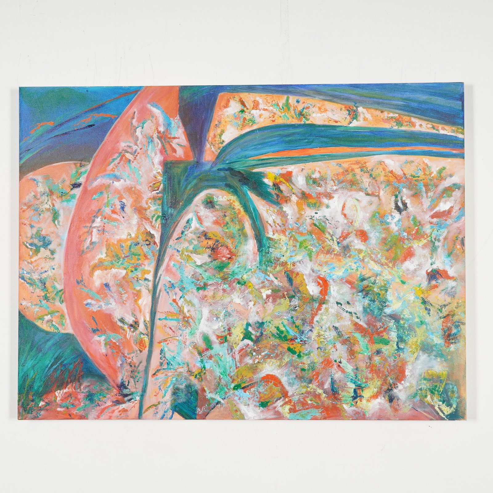Original Abstract Textured Oil on Canvas Painting: This contemporary abstract work is executed in oil on canvas and features a vibrant palette dominated by shades of orange, peach, teal, and blue, with energetic stippling in yellow, green, and white. 
