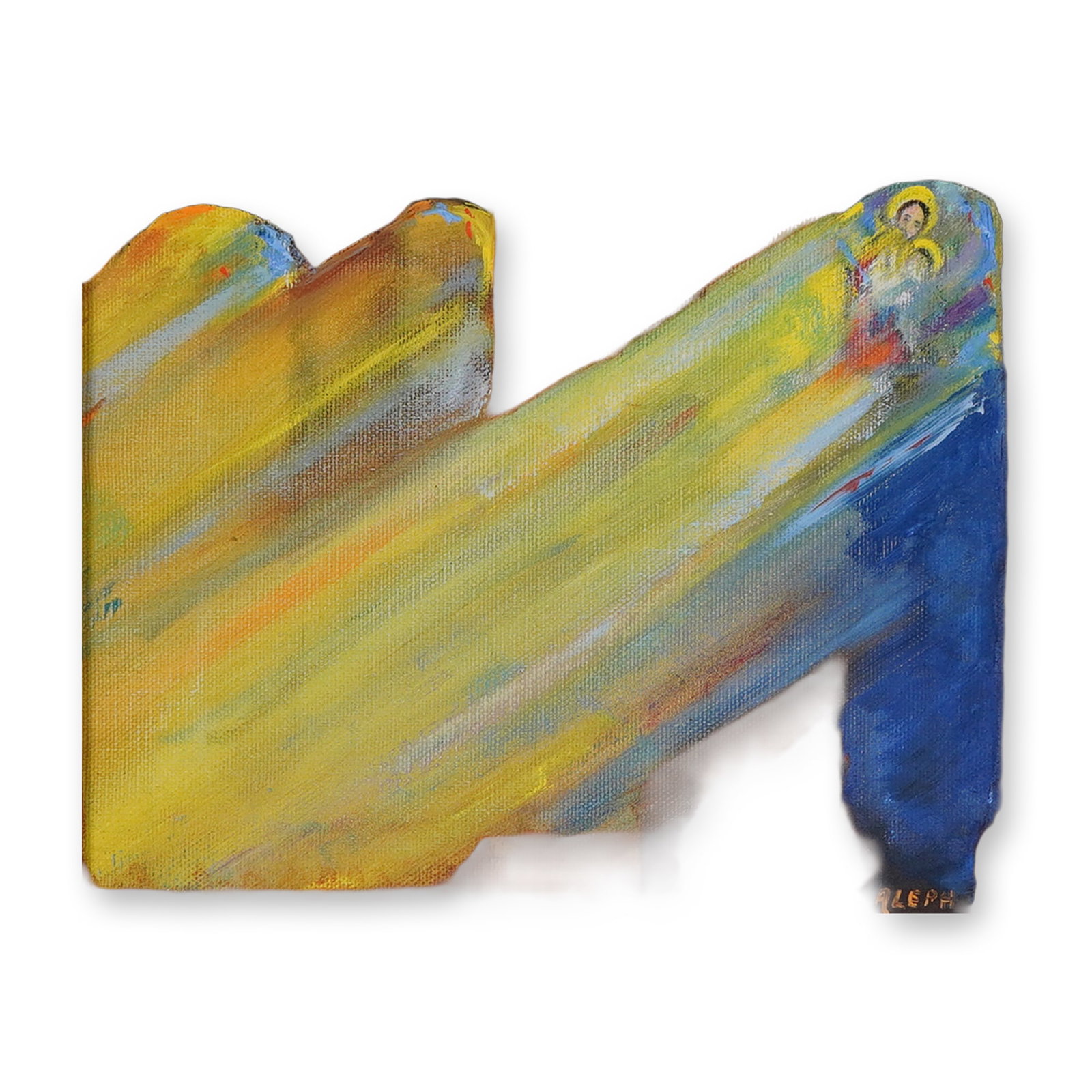 Rafael Aleph Postmodern Abstract Figurative Acrylic Painting: This postmodern abstract figurative acrylic painting on canvas depicts a stylized religious scene, likely a Madonna and Child, integrated with bold diagonal beams of yellow and orange light. The work 