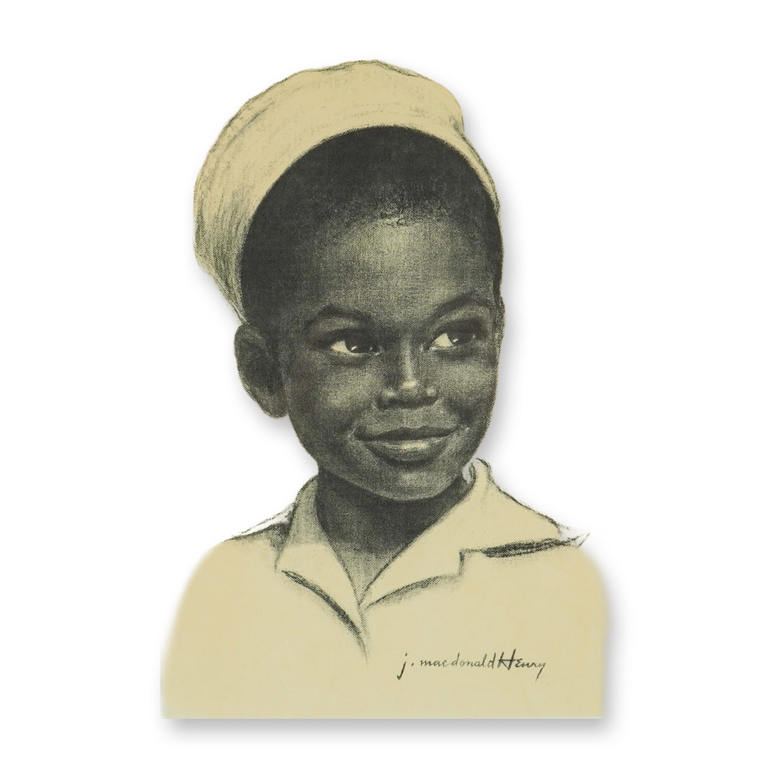 J. MacDonald Henry (Jamaican 1960-2008) Print on Paper, Portrait of Tups: This framed print on cream-tinted paper by Jamaican artist J. MacDonald Henry depicts a portrait of Tups, a young smiling Black boy wearing a hat and a collared shirt, rendered in a style mimicking ch