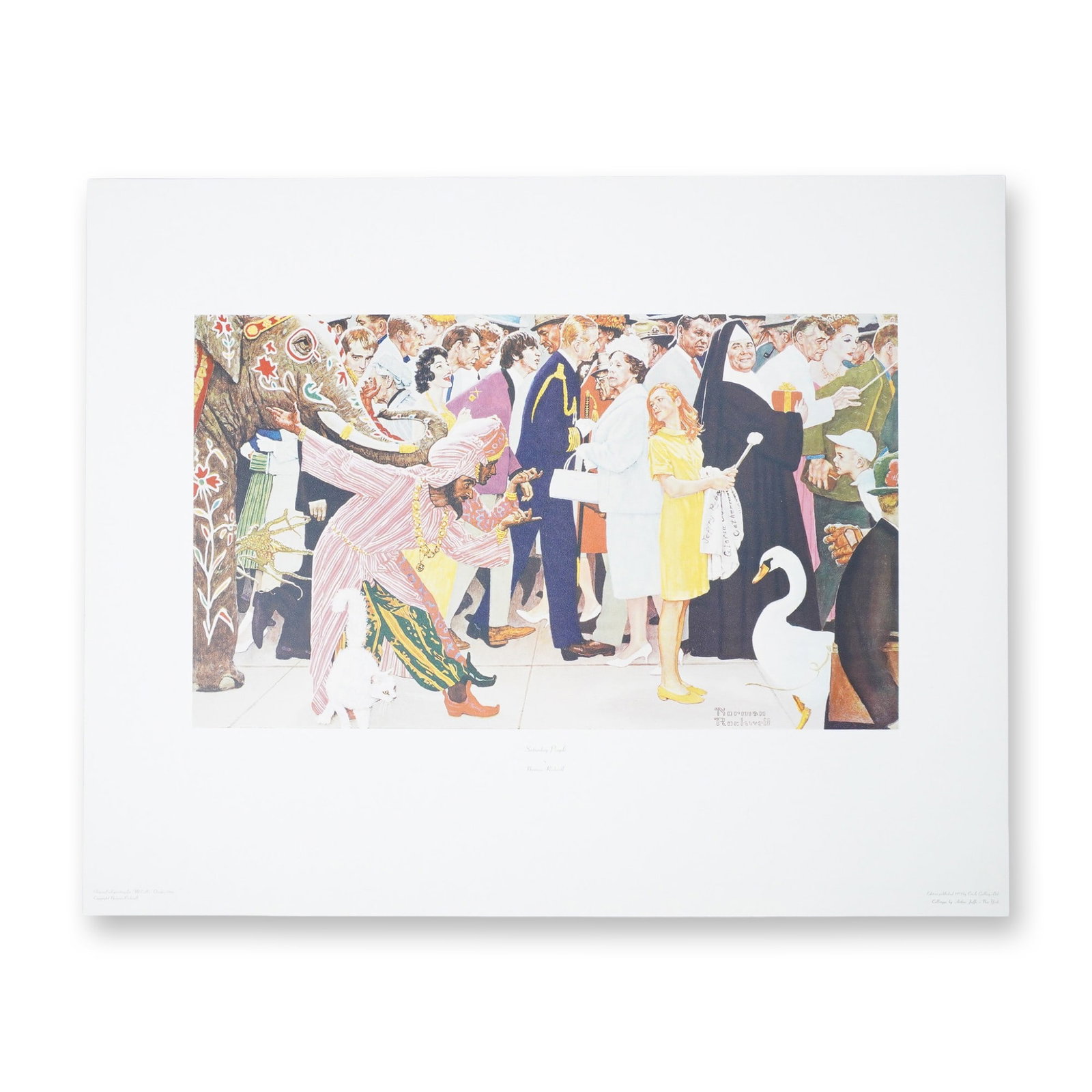 Norman Rockwell Print, Saturday People: A vibrant Norman Rockwell print titled Saturday People, originally published in 1973 by Circle Gallery Ltd. and collotyped by Arthur Jaffe in New York. This dynamic scene showcases Rockwell's ability 