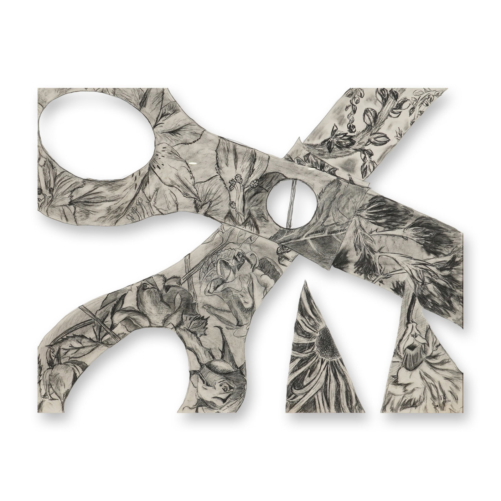 Framed Pastel & Graphite Drawing of Scissors w/ Botanical Designs: This framed original drawing on paper is executed in a combination of pastel and graphite. The composition features a conceptual depiction of the silhouette of a pair of scissors, with the interior fo