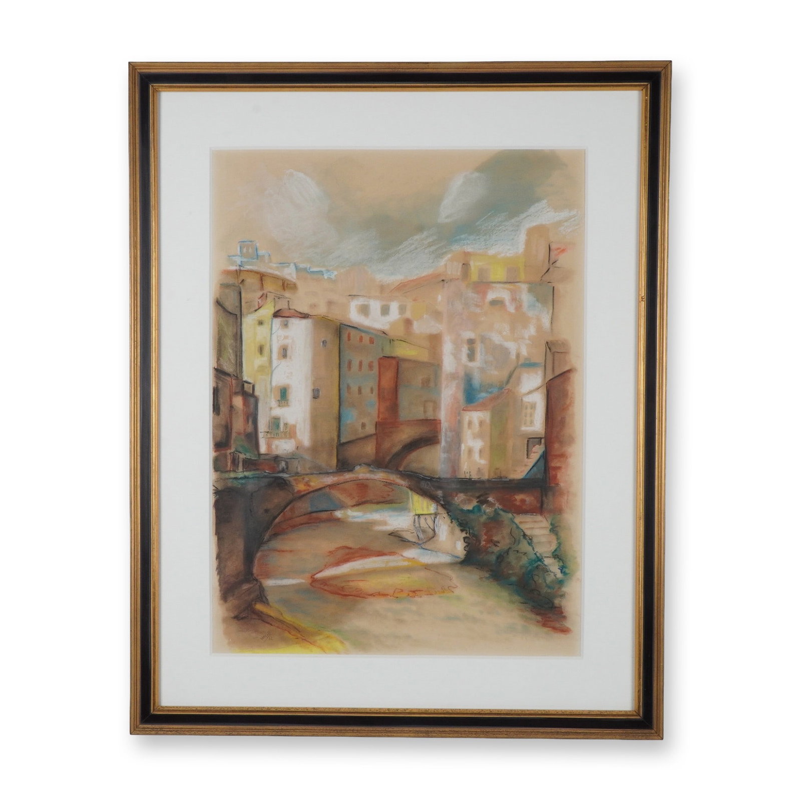 Original Pastel on paper, Cityscape with Bridge, Signed: Colorful pastel on paper made in an expressive style, featuring layered buildings and multiple arched bridges over a shallow river, rendered in a warm palette of ochres, reds, blues, and earth tones. 