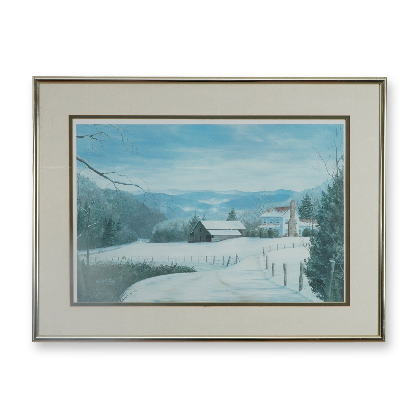 Audrey S Curtis Winter Landscape Lithograph: A serene winter landscape watercolor painting by artist Audrey S. Curtis, depicting a snow covered countryside with a rustic barn and farmhouse set against rolling mountains. The artists delicate work