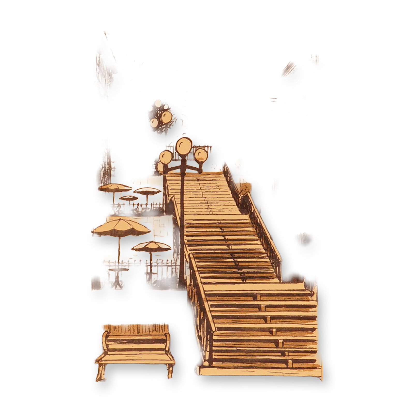 Charles de Guise, Lithograph Print on Paper, Stairs Petit Champlain Quebec: A finely detailed lithograph print by Charles de Guise depicting the charming Escalier Petit Champlain in Quebec City. This sepia-toned work captures the timeless atmosphere of one of the city's most 