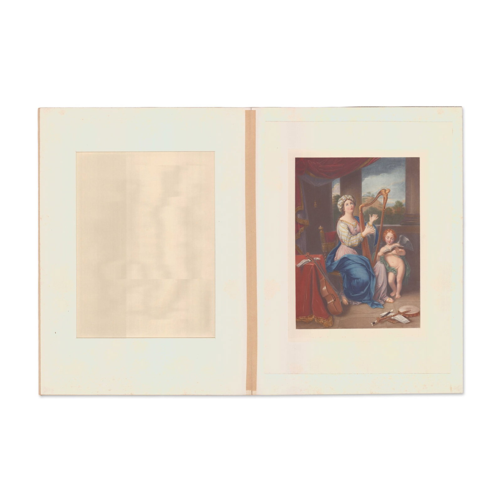 Pierre Mignard Chromolithograph Saint Cecile Singing Praises of the Lord: Chromolithograph after Pierre Mignard (French, 1612-1695) titled Saint Cecile Singing Praises of the Lord. The composition depicts the richly dressed saint playing a large harp while a winged putto re