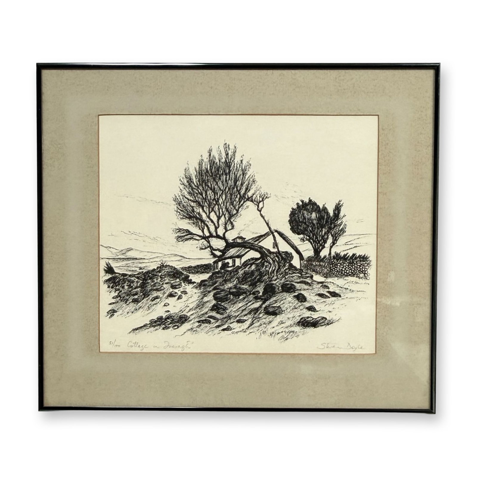Steven Doyle, Cottage in Iveragh, Limited Edition Lithograph: This limited edition lithograph by artist Steven Doyle is titled Cottage in Iveragh. The composition depicts a windswept landscape characteristic of the Iveragh Peninsula in County Kerry, Ireland. The