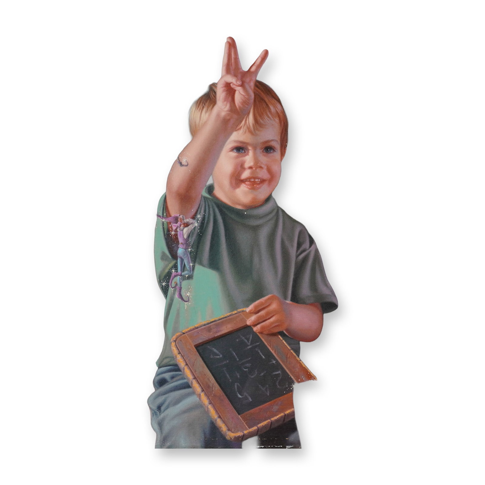 Bob Byerley Hand Embellished Serigraph on Canvas 45/395: This hand embellished serigraph on paper applied to canvas is by American artist Bob Byerley (1941-2019). The work is an example of Magic Realism and depicts a young boy holding a wooden-framed slate 