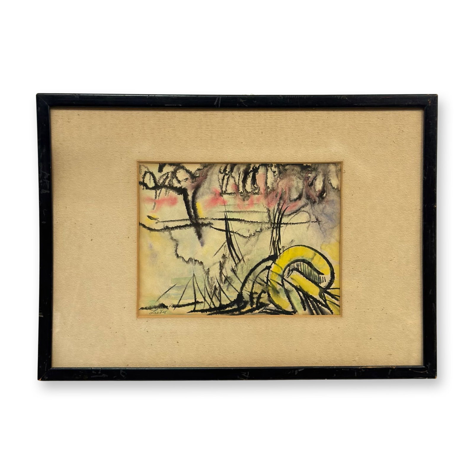 Abstract Watercolor and Ink on Paper, Signed Lieber: This abstract work on paper is executed in a gestural style using watercolor washes and black ink. The composition features a prominent coiled form in vibrant yellow in the lower right foreground, acc