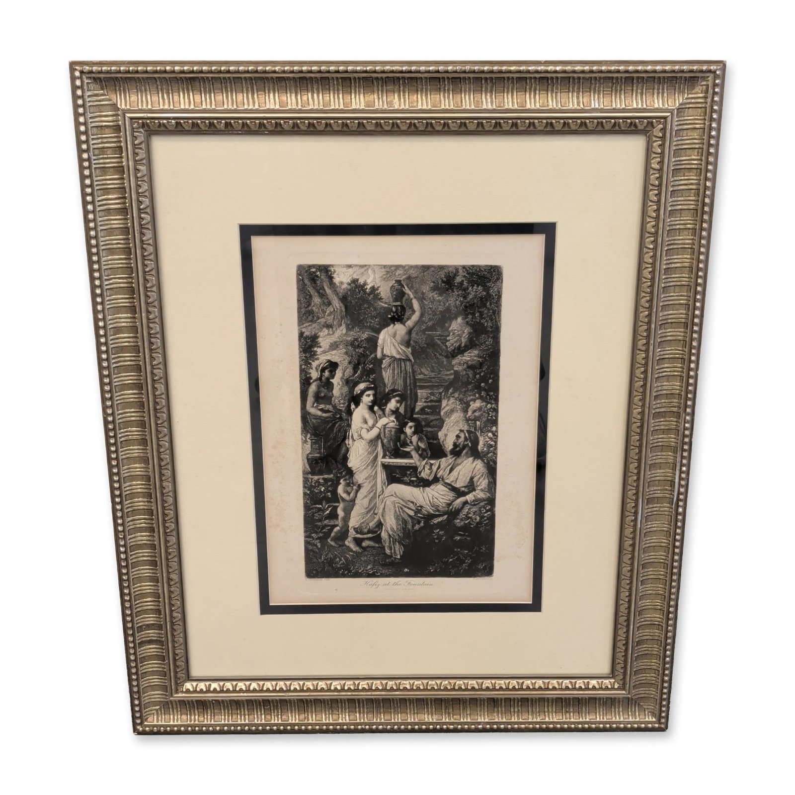 After Anselm Feuerbach (German, 1829-1880), Engraving on Paper, Hafiz at the Fountain: Anselm Feuerbach engraving on paper titled Hafiz at the Fountain, featuring a classical Orientalist composition with multiple figures in draped garments gathered around a tiered stone fountain within 