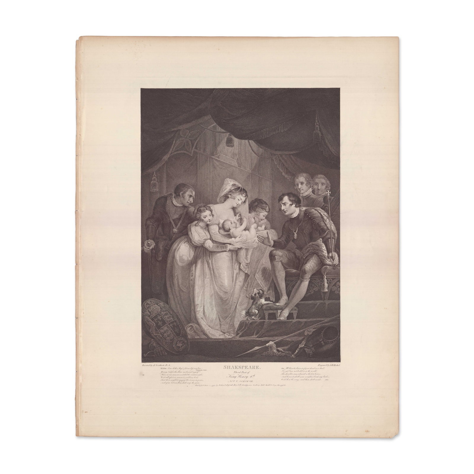 Boydell Shakespeare Gallery Folio Engraving on Paper, King Henry VI 1795: Folio engraving on laid paper originating from Boydell's celebrated Shakespeare Gallery showing William Shakespeare's King Henry 6th. The image depicts the scene where Queen Bess presents King Edward 