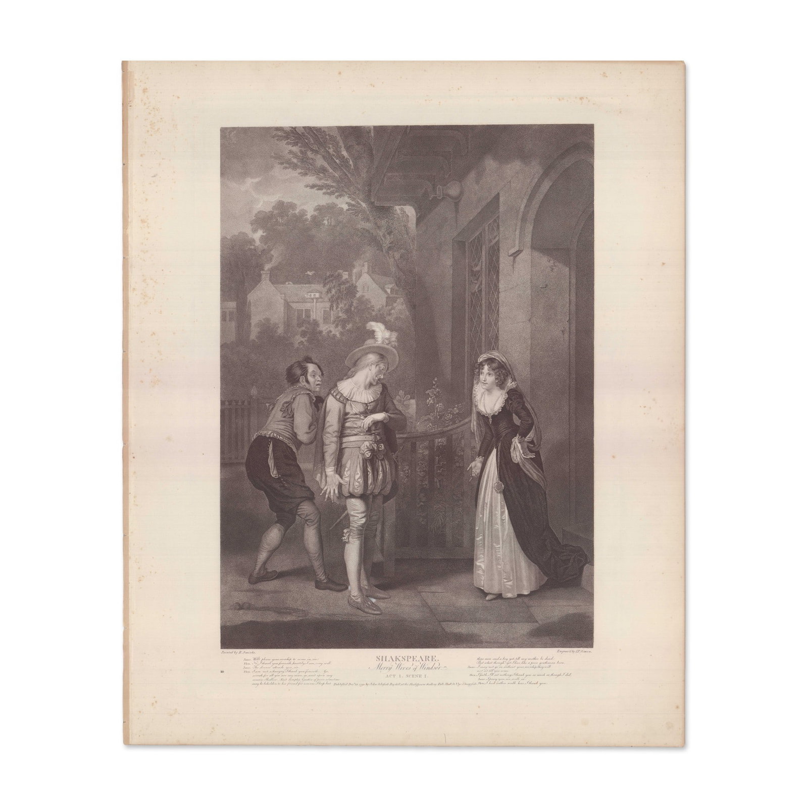 Robert Smirke Engraving Merry Wives of Windsor Boydell Gallery 1792: A late 18th-century engraving after Robert Smirke (British, 1752-1845) depicting a scene from Shakespeare's The Merry Wives of Windsor, featuring Anne Page, Slender, and Shallow in an outdoor entryway