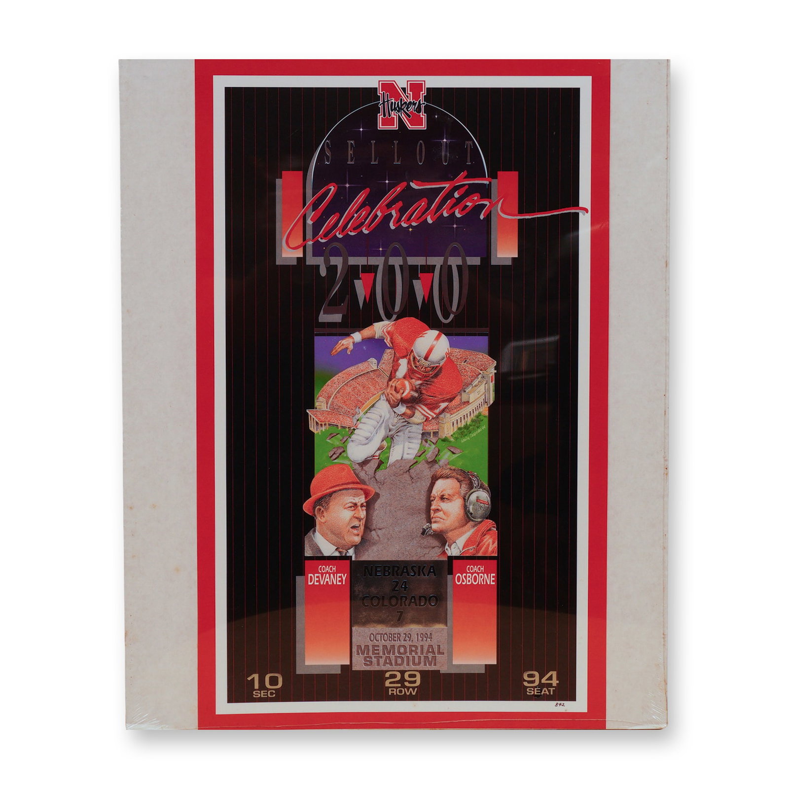 1994 University of Nebraska 200th Sellout Celebration Commemorative Poster: Bold limited edition poster celebrating the University of Nebraska's 200th consecutive football sellout, held on October 29, 1994, at Memorial Stadium against Colorado. The artwork by Wally Cespedes f