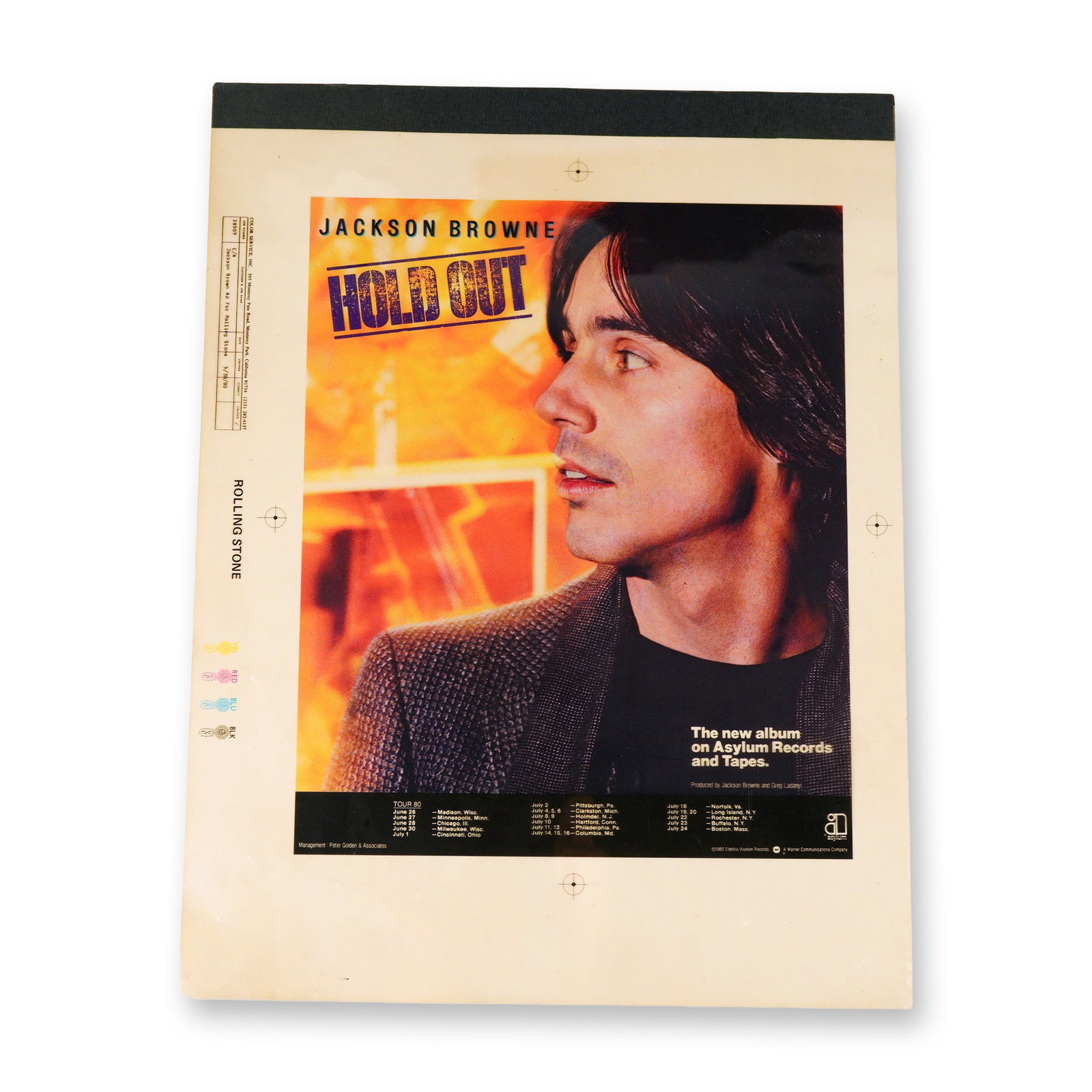 Original Proof for Jackson Browne Hold Out 1980 Rolling Stone Ad. (1 of 1)
