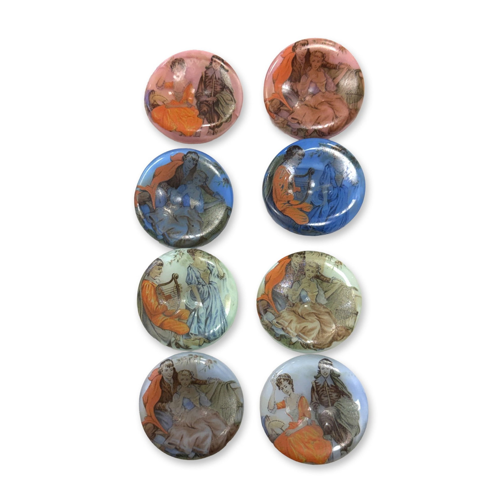 A SET OF DIVISION THREE PICTORIAL GLASS BUTTONS: 6 Large 20th C. transfers on glass from the Czech Republic. This lot consists of 6 different designs in a colorful array and detail transferred onto a thick glass base with a metal shank. These were m