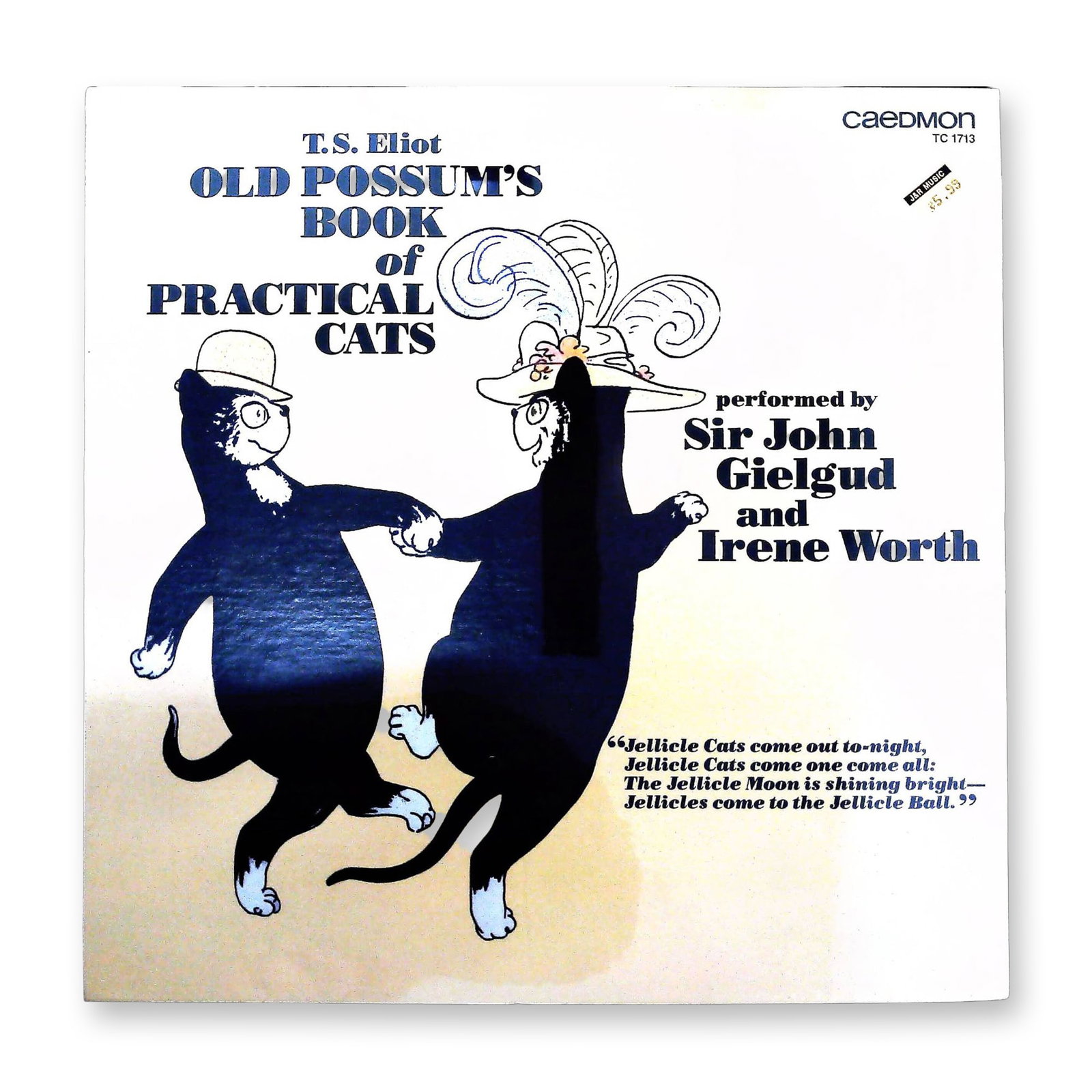 T.S. Eliot Old Possum's Book of Practical Cats LP performed by Sir John Gielgud and Irene Worth: A vintage vinyl LP record album sleeve for the spoken-word recording of T.S. Eliot's Old Possum's Book of Practical Cats. The performance features Sir John Gielgud and Irene Worth. The album was