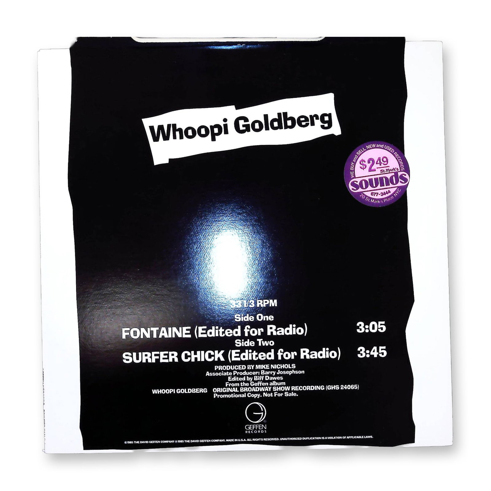 Whoopi Goldberg Promotional 12 Inch Vinyl Single Sleeve Geffen Records 1985: This is a promotional 12-inch vinyl record sleeve for Whoopi Goldberg, released by Geffen Records in 1985. The sleeve was produced in conjunction with the Original Broadway Show Recording, catalog