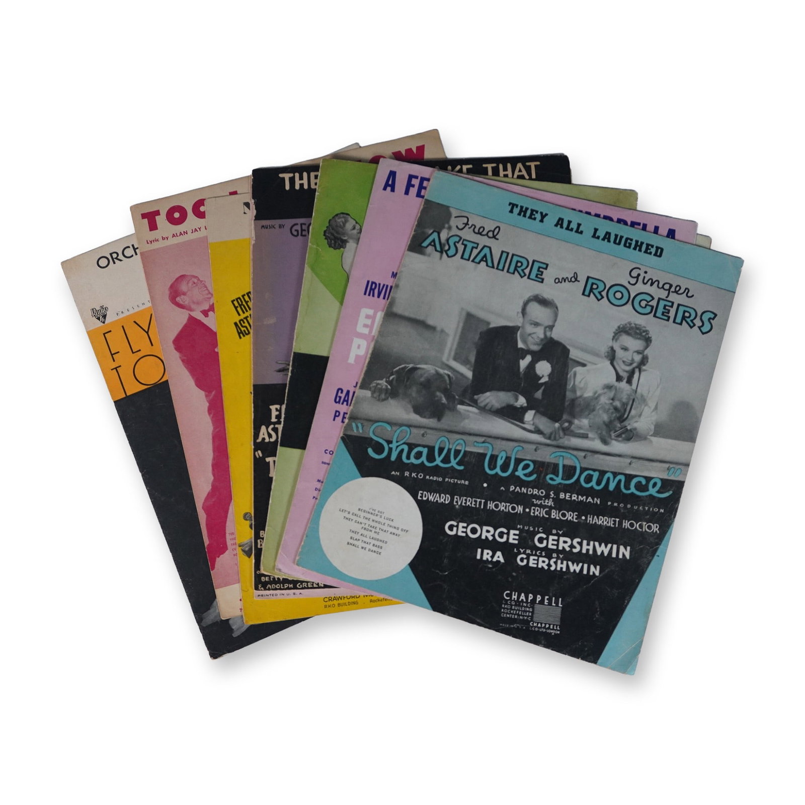 9pc Vintage Sheet Music Collection, Gershwin & More: A collection of 9 vintage sheet music booklets featuring classic compositions from legendary songwriters, including George and Ira Gershwin. Notable pieces include They All Laughed and Shall We Dance,