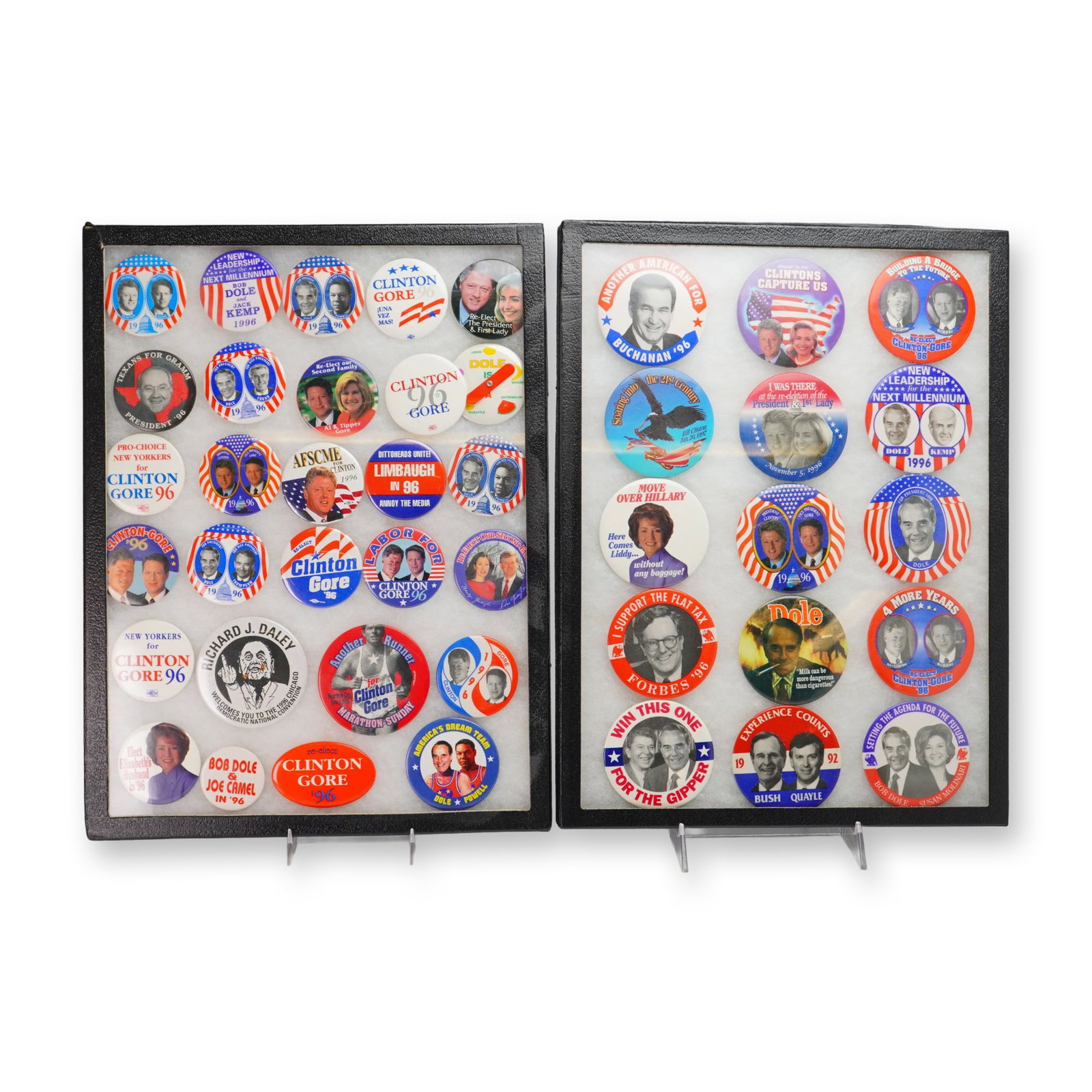 A Collection of United States Presidential Campaign Buttons and Political Pinbacks Primarily from: This collection features an assortment of political campaign pinback buttons, with a primary focus on the 1996 United States Presidential Election. The group includes buttons for major party candidate
