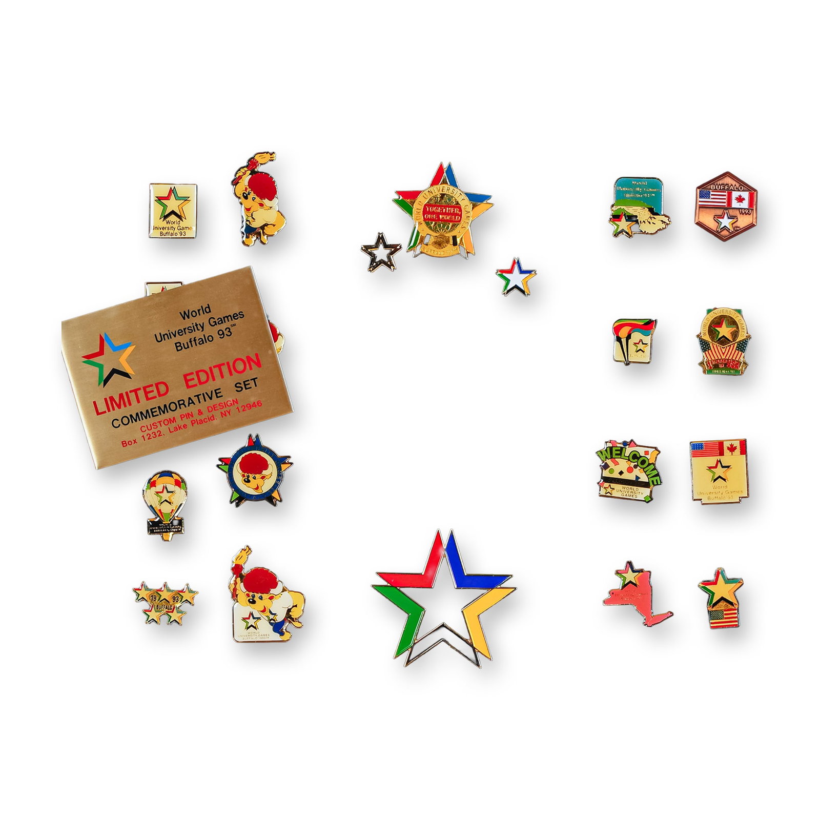 World University Games Buffalo 93 Limited Edition Commemorative Pin Set: Offered here is a collection of enamel pins from the World University Games, held in Buffalo, New York in 1993. This limited edition commemorative set, designed by Custom Pin & Design of Lake Placid, 