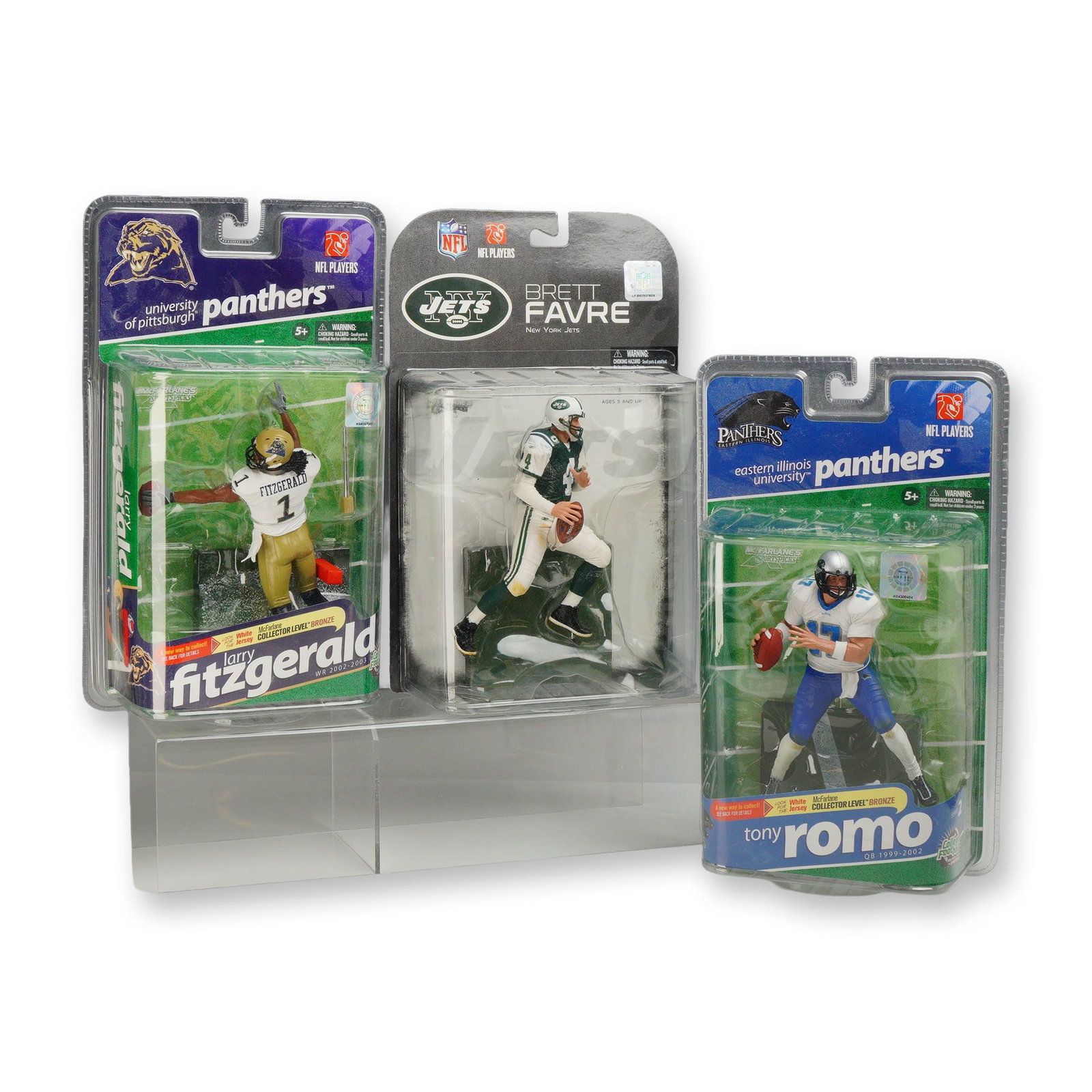 Three McFarlane Toys NFL and College Football Action Figures, Fitzgerald, Favre, and Romo (1 of 3)