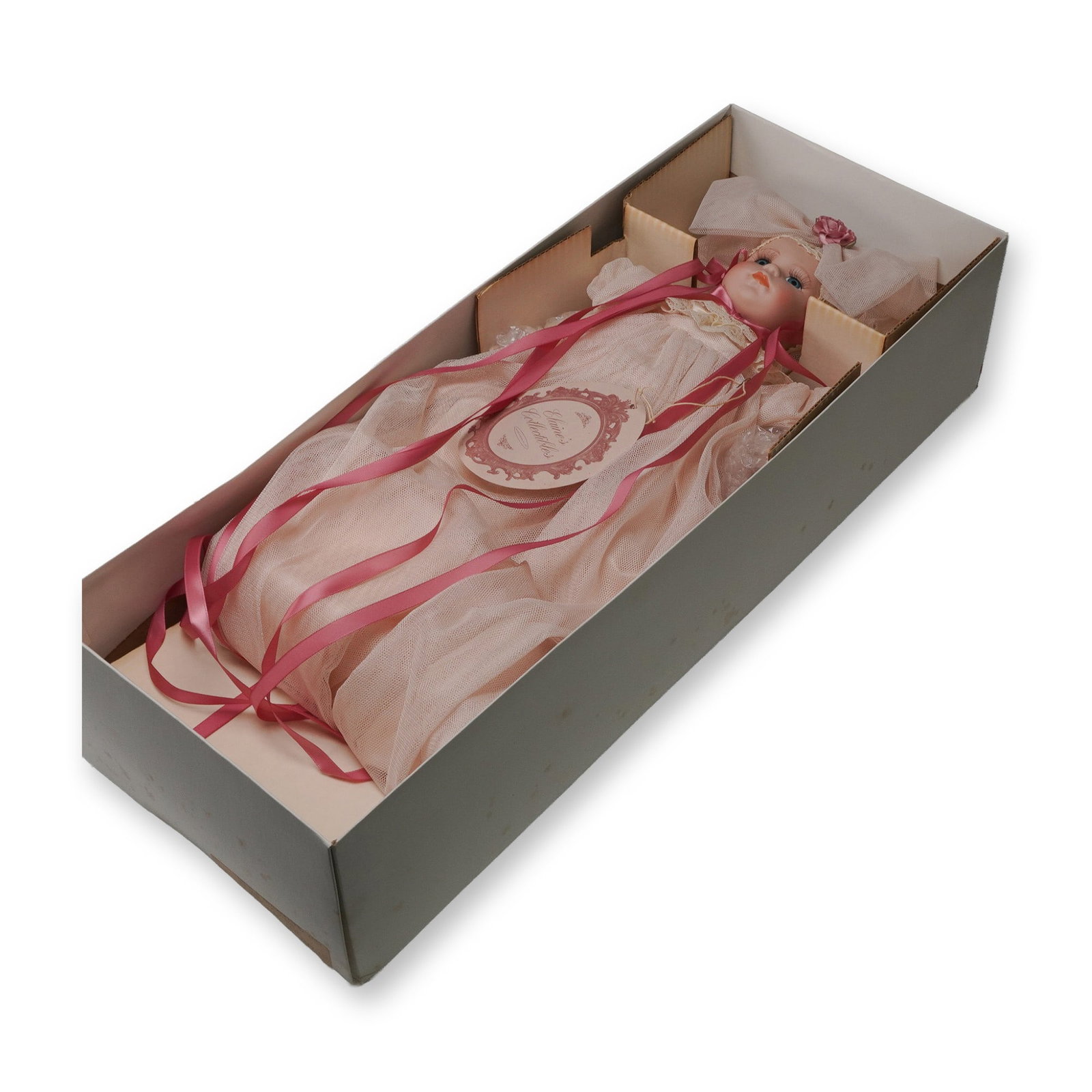 Victorian Collector's Doll by Elaine's Collectibles, Boxed: This elegant 22-inch Victorian Collector's Doll from Elaine's Collectibles exudes timeless charm with its classic peach-toned ensemble and exquisite detailing. A limited edition release by Elsie Masse