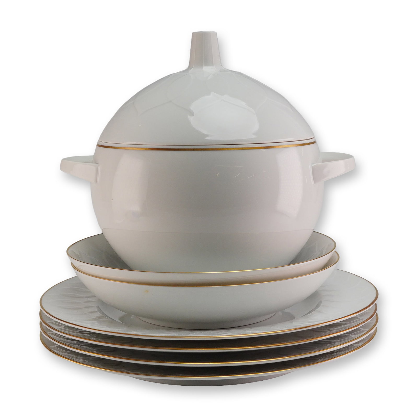 7pc Rosenthal Studio Linie Dinnerware, Secunda Gold: The collection consists of white glazed fine china tableware consistent with 20th-century modernist design. The set includes a covered soup tureen (two pieces: handled base and matching lid with a tap