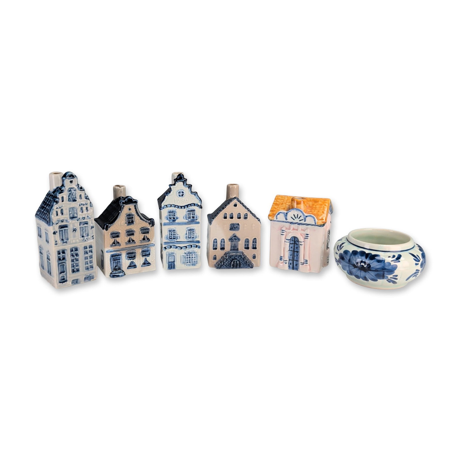 6pc Dutch Delft Blue Ceramics Decanter Houses and Bowl (1 of 4)