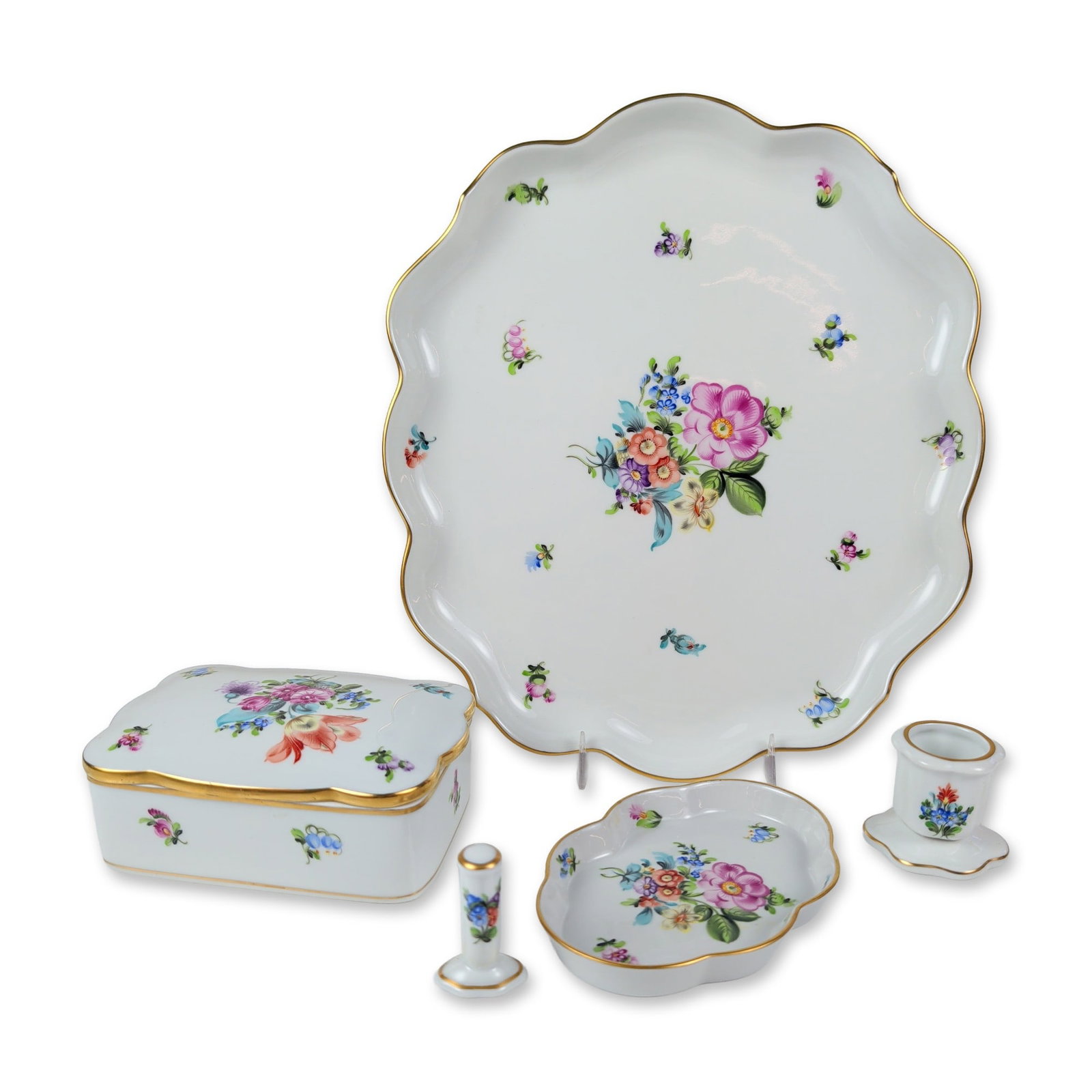 5pc Herend Hungary Bouquet de Saxe Porcelain Vanity Set: Herend Hungary hand-painted porcelain five-piece vanity or desk set in the Bouquet de Saxe pattern. Each piece features polychrome floral bouquets and scattered sprigs on a white ground with scalloped