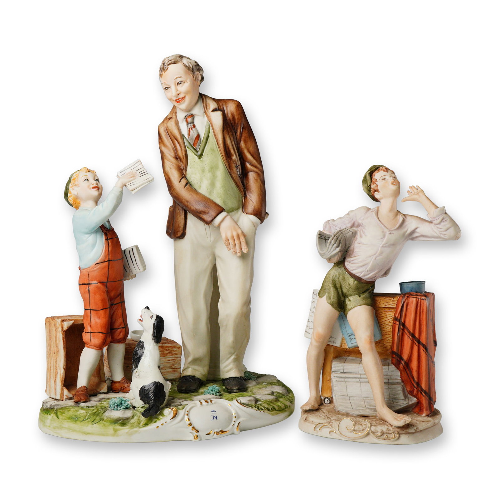 2 Italian Porcelain Figurines Signed Meneghitelli & Benni: A pair of polychrome glazed porcelain genre sculptures, likely 20th-century Italian production. The first and largest piece depicts a standing adult man in a brown jacket and light trousers,