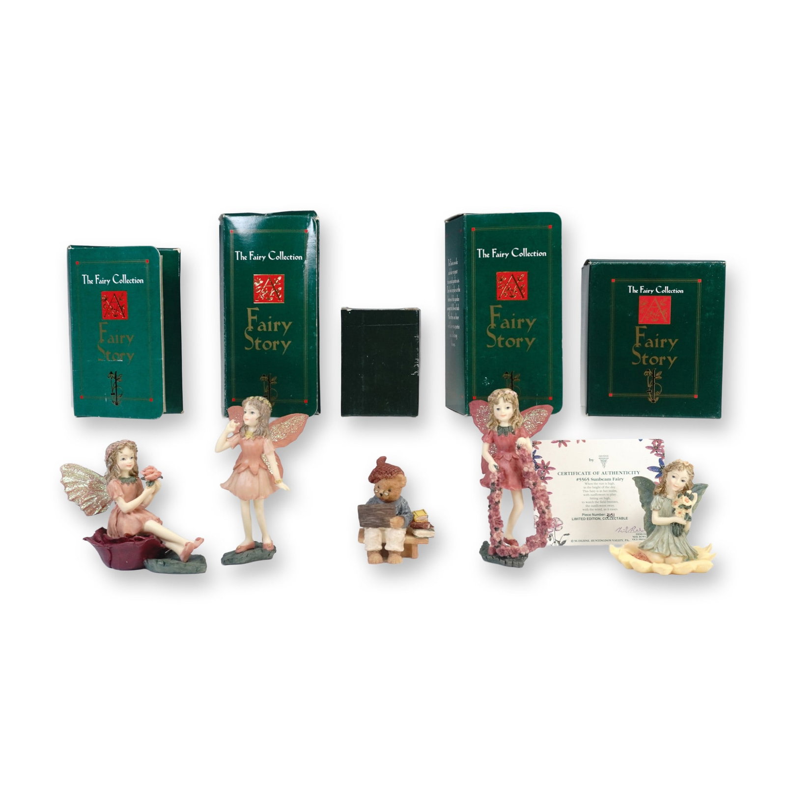 5pc The Fairy Collection Fairy Story Dezine Fairy Figurines: This 5-piece set of delicate Fairy figurines is from The Fairy Collection's Fairy Story Dezine series. Each charming piece features a unique fairy in a whimsical pose, beautifully adorned with shimmer