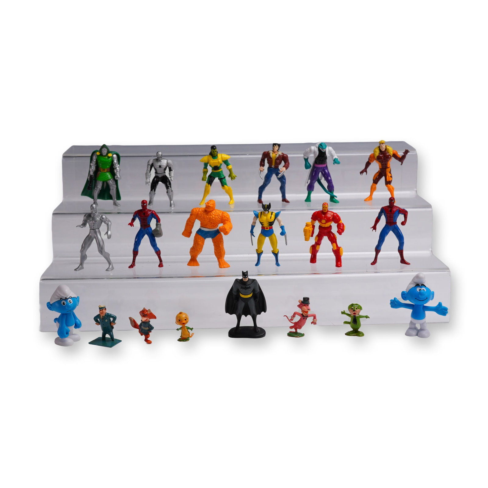20pc Comic and Cartoon Character Mini Figurines: 20 small-scale comic and cartoon character figurines including Marvel superheroes such as Spider-Man, Wolverine, Iron Man, and The Thing; DC characters like Batman; and classic cartoon figures includi