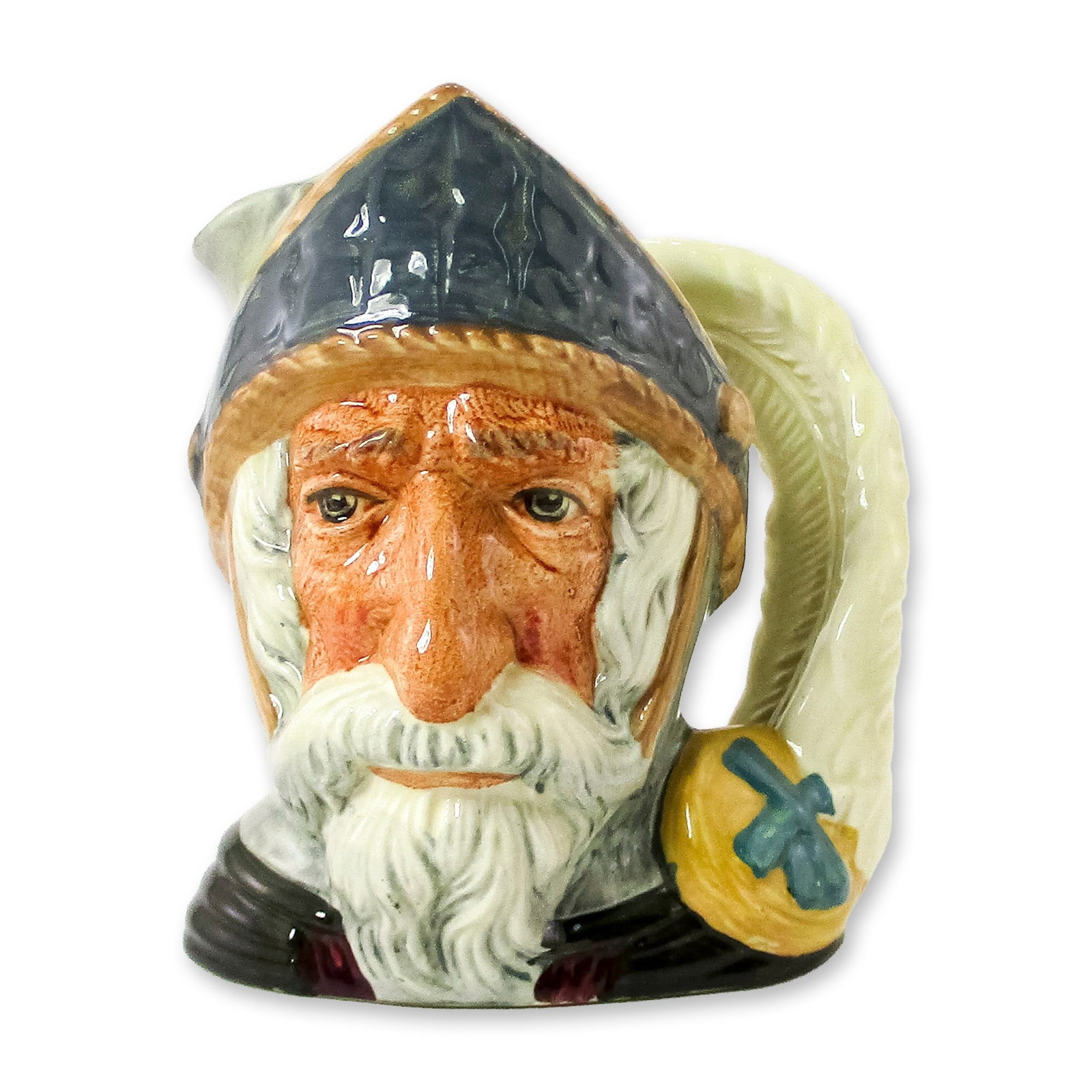Don Quixote D6460 - Small - Royal Doulton Character Jug: Blue-grey helmet; dark green robes. Don Quixote is the hero of the novel by Cervantes, a satirical parody of this chivalrous knight. Don Quixote leads a life of adventure, capturing many hearts along 