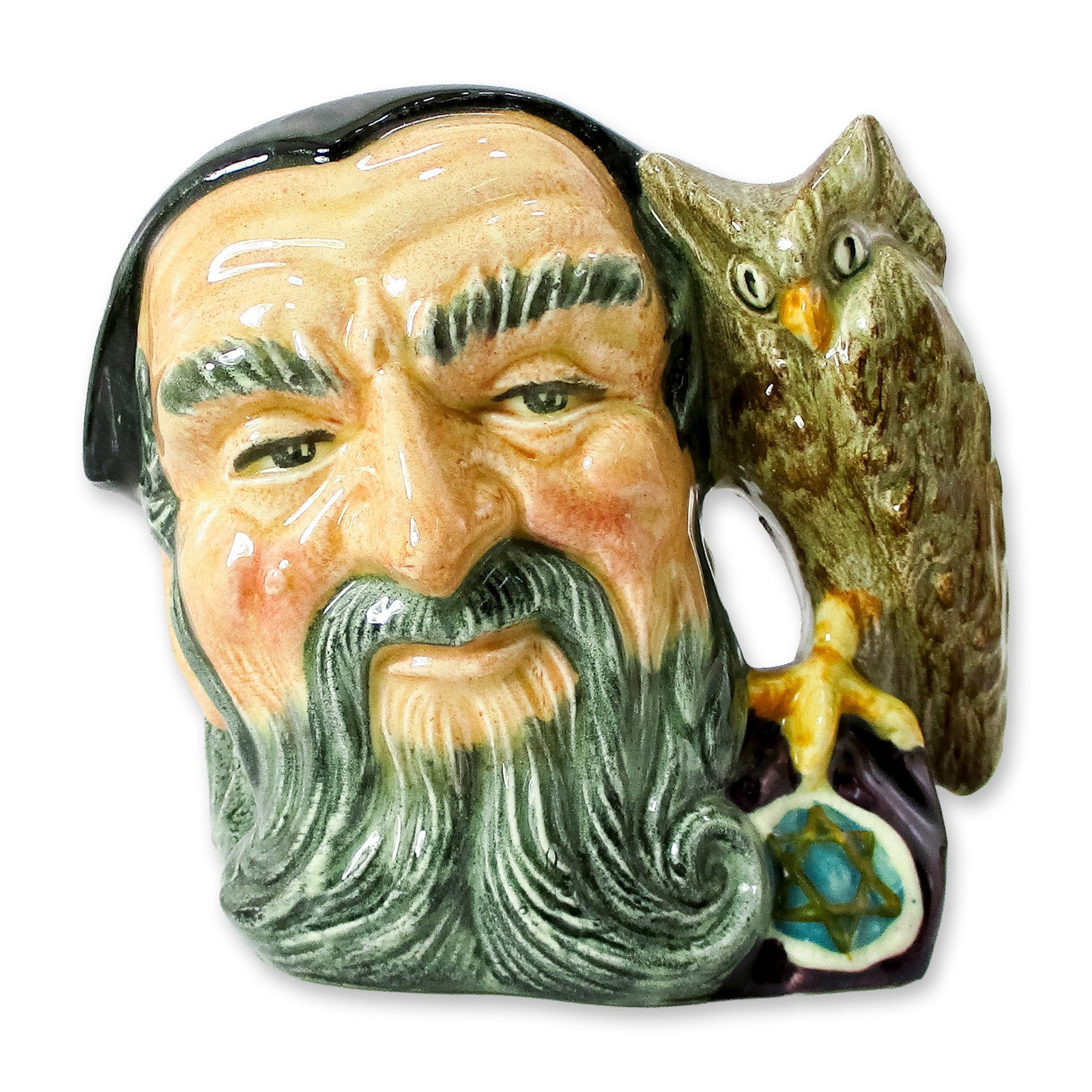 Merlin D6536 - Small - Royal Doulton Character Jug: Style One, owl handle. Black, grey, and brown coloration. Series: Characters From Literature; Mystical Characters. Royal Doulton backstamp. Artist: Garry Sharpe Dimensions: 3.75"H Date or Era: 1960 - 
