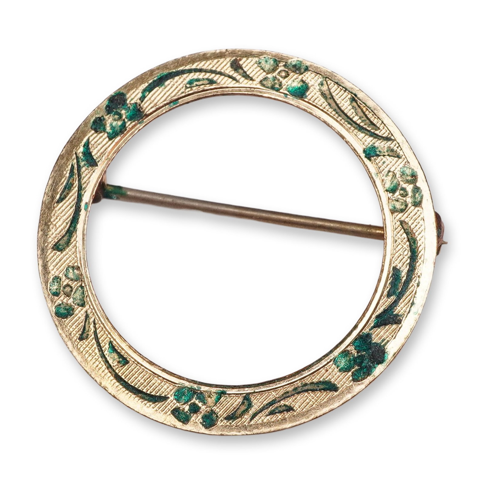 Winard 12K Gold Filled Engraved Floral Circle Brooch: This mid-20th-century circle brooch was manufactured by Winard. The item is constructed from 12 karat gold-filled metal and features a decorative face with an engraved floral and foliate design, depic