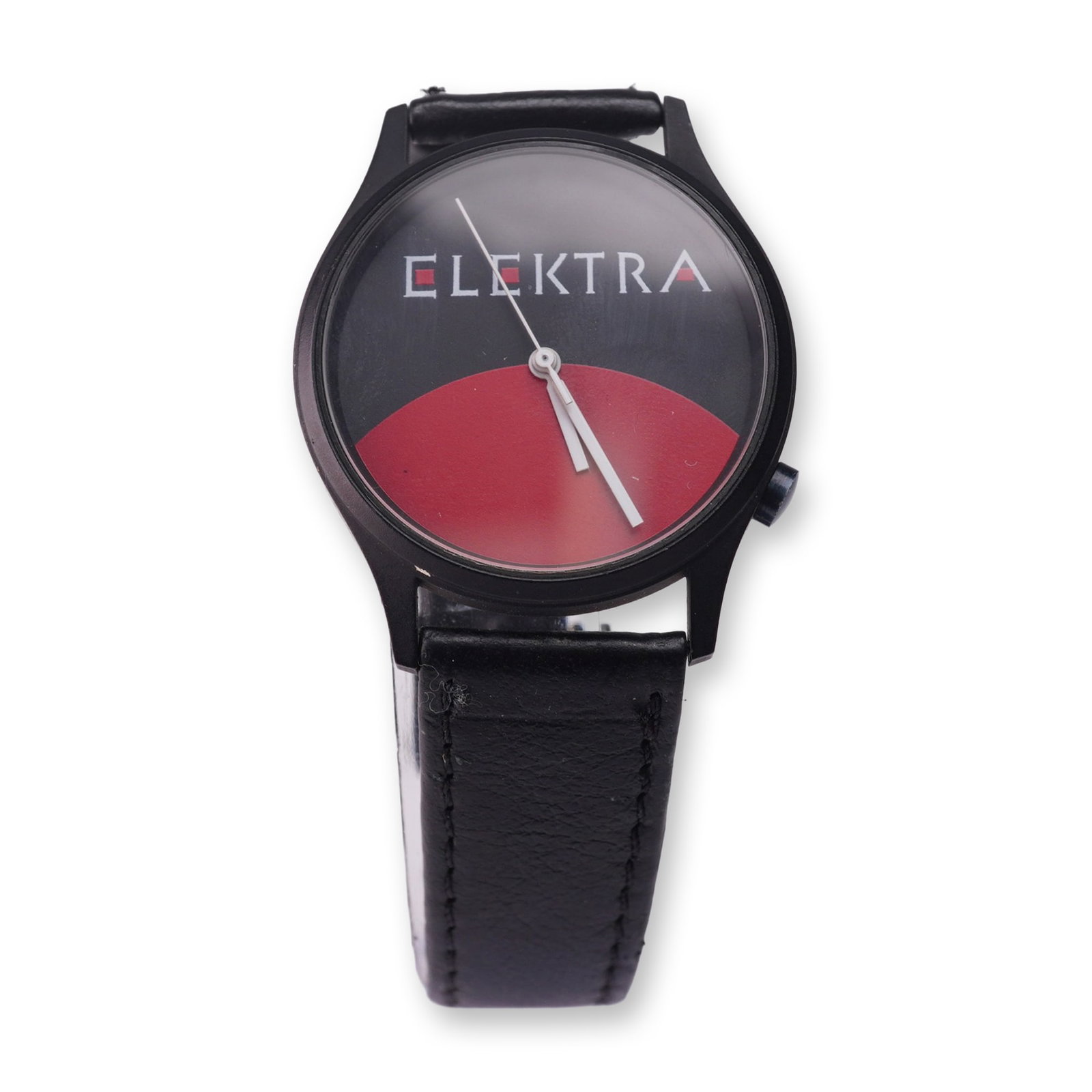 Elektra Genuine Leather Wristwatch: Black wristwatch featuring a round face in red and black, prominently marked with the brand name "ELEKTRA" in stylized font across the upper half of the face. The watch includes three white hands for 