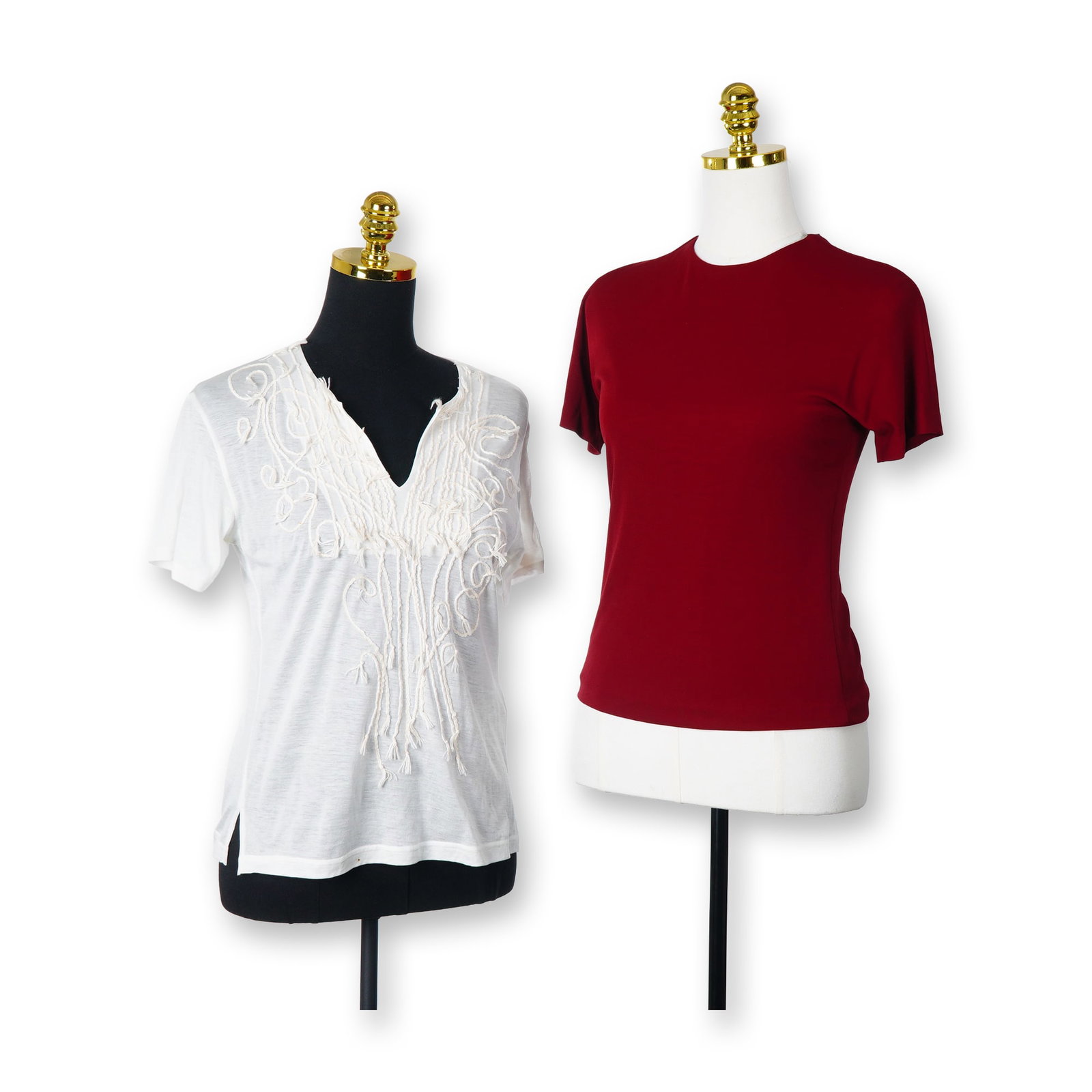Two Women's Shirts Including Linda Baday and Heart Haat: A lot consisting of two women's shirts. The first item is a red Linda Baday shirt, size S, featuring a solid burgundy color. The garment is constructed from a knit blend of 72 percent rayon and 28 per