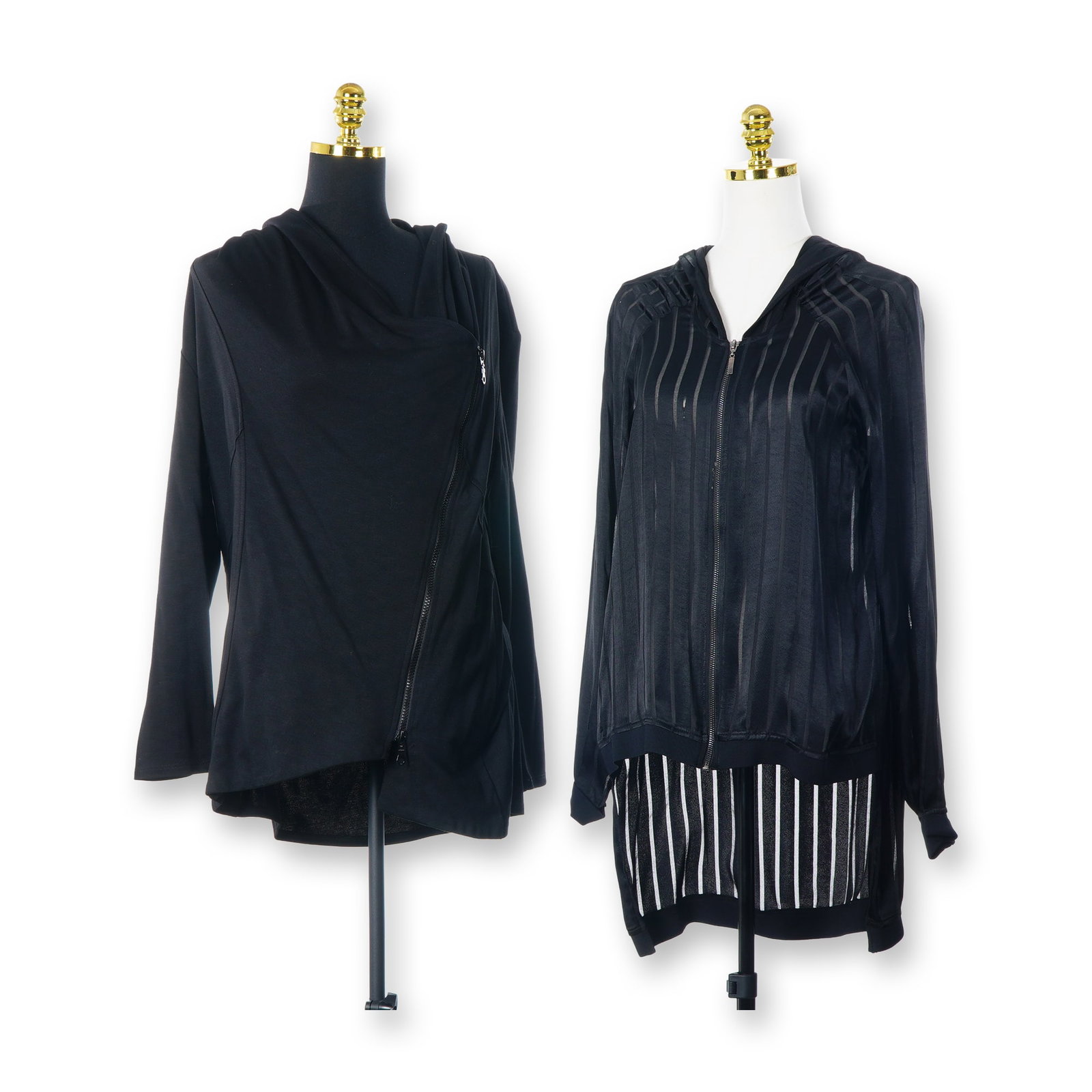 Two Designer Hooded Jackets Including Ruti Laurel Striped Zip Up and Blanque Asymmetrical Zip Hoodie: This lot features two contemporary black hooded garments from the designers Ruti and Blanque. The first item is a Ruti Laurel Black Striped Hooded Zip Up Jacket in size 2. It is crafted from a lightwe