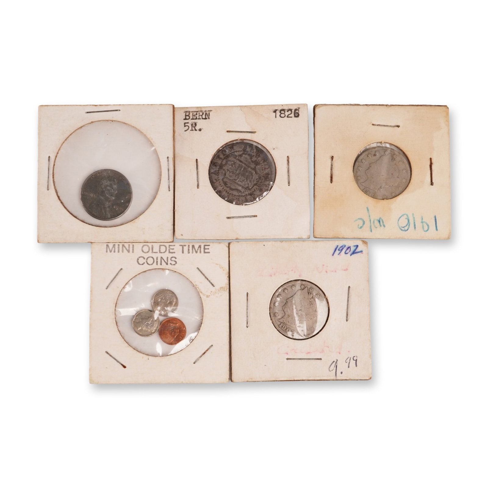 5pc 1826 Bern 5 Rappen, and 1902-1943 U.S. Liberty Nickels, Lincoln Wheat Penny & Mini Olde Time: Collection includes an 1826 Bern 5 Rappen, a 1902 Liberty Head nickel, a 1910 Liberty Head nickel, and a 1943 Lincoln Wheat cent. The 1943 Lincoln cent was struck in zinc-coated steel during World War