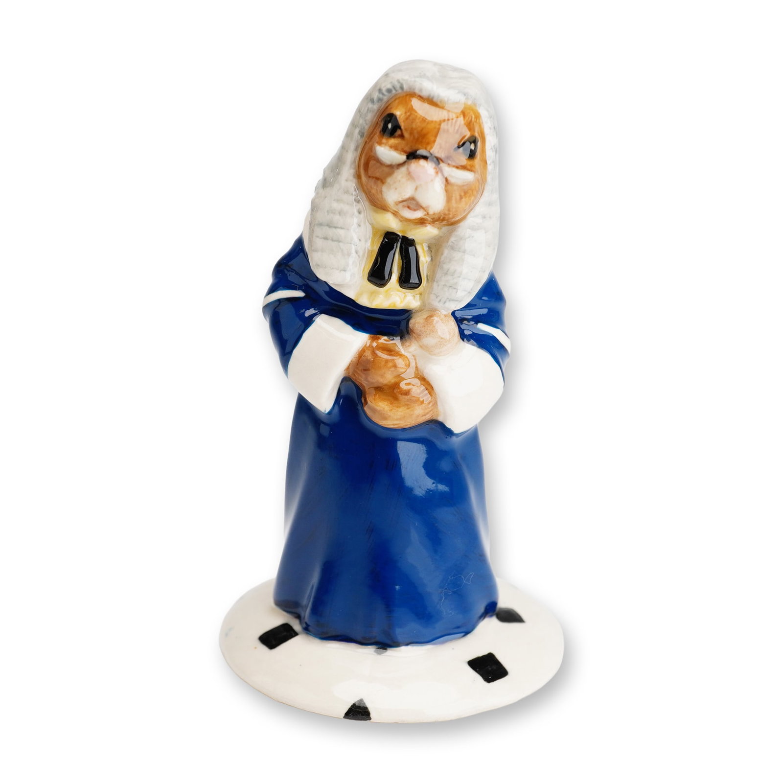 Royal Doulton Bunnykins No Ears Special Colorway Prototype Figurine, Judge DB188: This Royal Doulton Bunnykins figurine, titled Judge (model DB188), is a rare trial prototype featuring a special colorway. The rabbit is depicted in judicial dress, wearing a deep blue robe with white