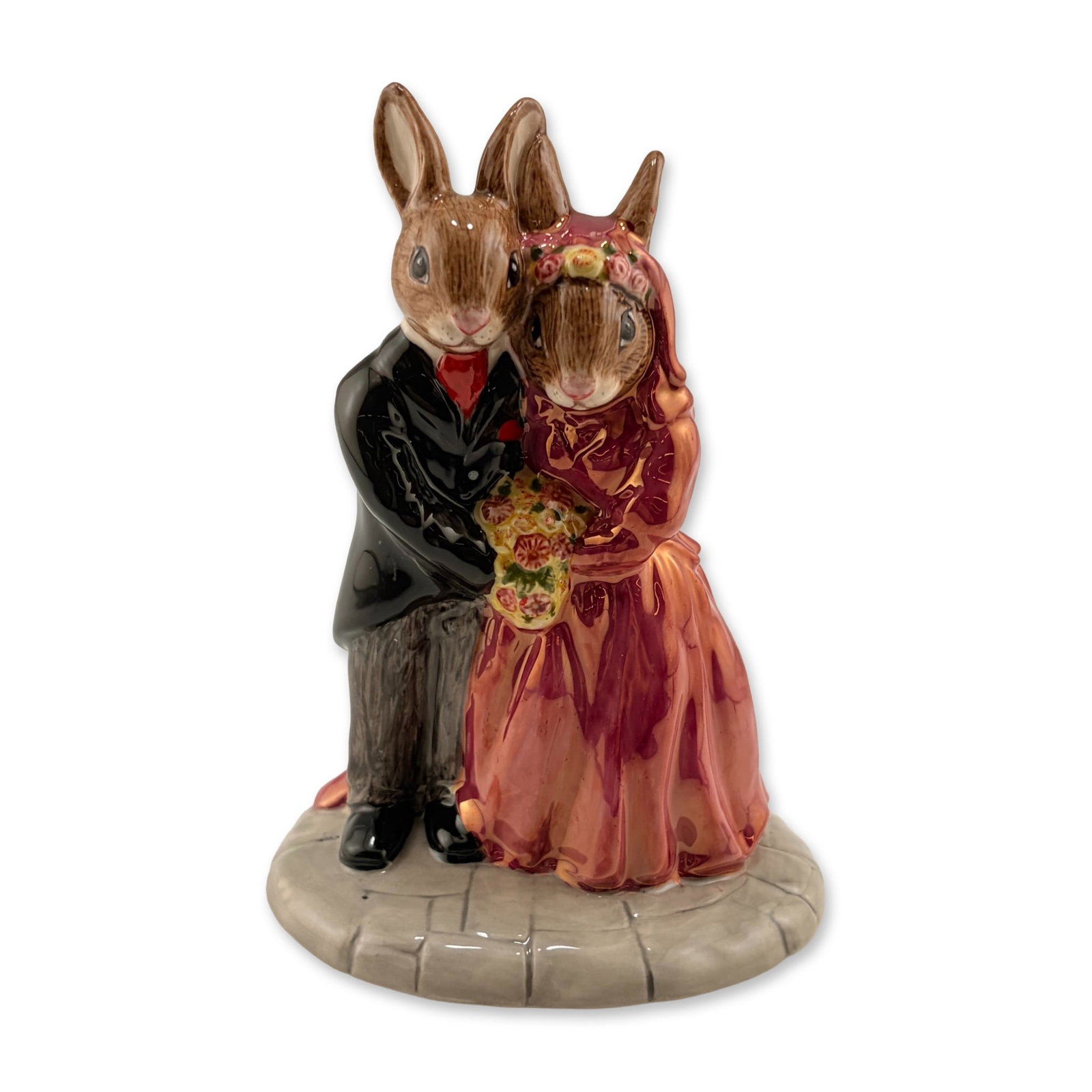 Royal Doulton Prototype Lustre Bunnykins Figurine, Wedding Day: A rare double-figure prototype of Wedding Day Bunnykins DB287, depicting the rabbit groom dressed in a black morning coat with red ascot and pocket handkerchief, paired with striped grey trousers. The