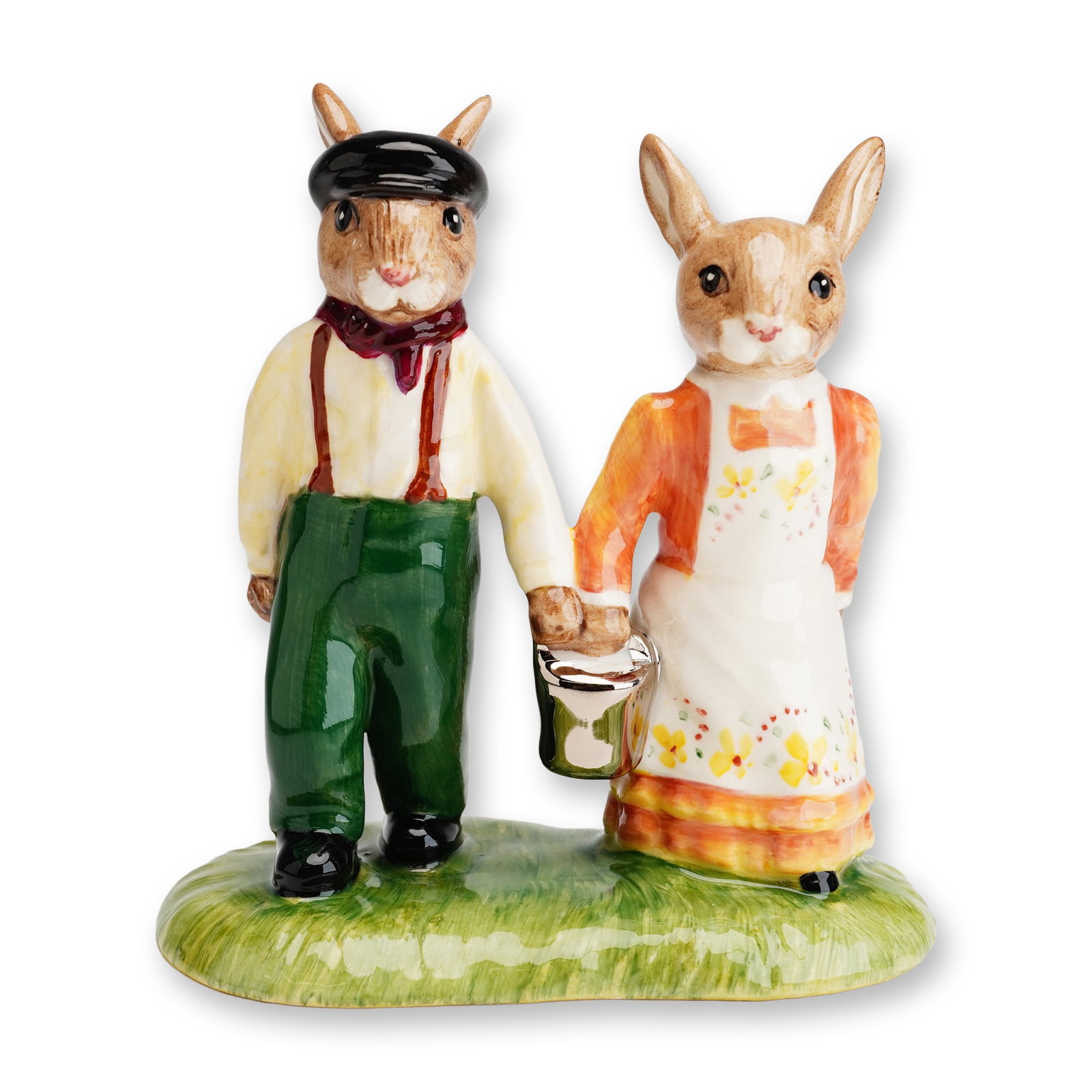 Royal Doulton Bunnykins Prototype Colorway Porcelain Figurine, Jack and Jill DB222: This Royal Doulton porcelain figurine from the Bunnykins series is titled Jack and Jill, model number DB222. The piece is a factory prototype or trial colorway, as indicated by the specific markings o