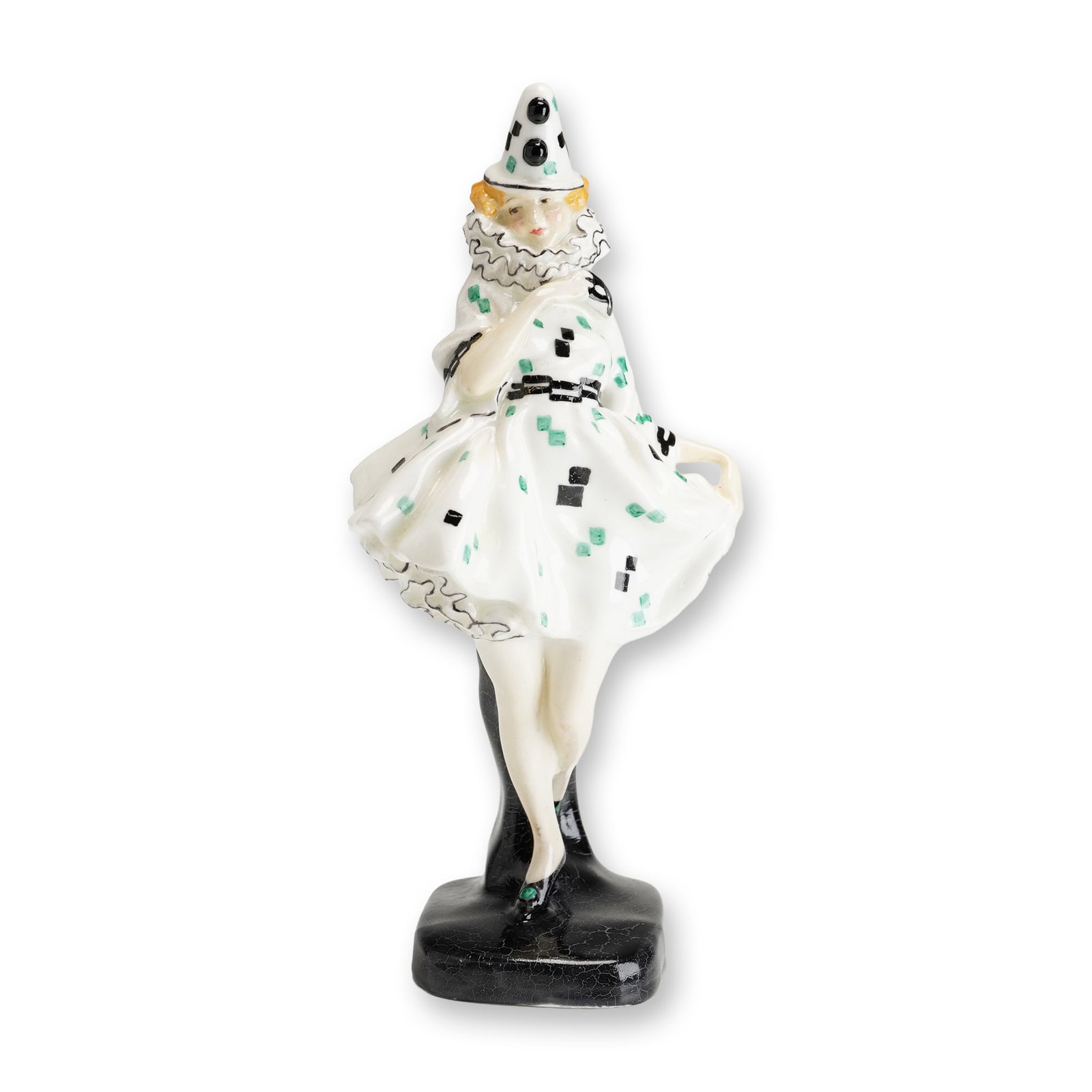 Rare Royal Doulton Colorway Porcelain Figurine, Pierrette: A rare figure of the mischievous Pierrette in a white dress with black and green accents. She stands on a black base with a crackle appearance. Royal Doulton backstamp. Artist: Leslie Harradine Dimens