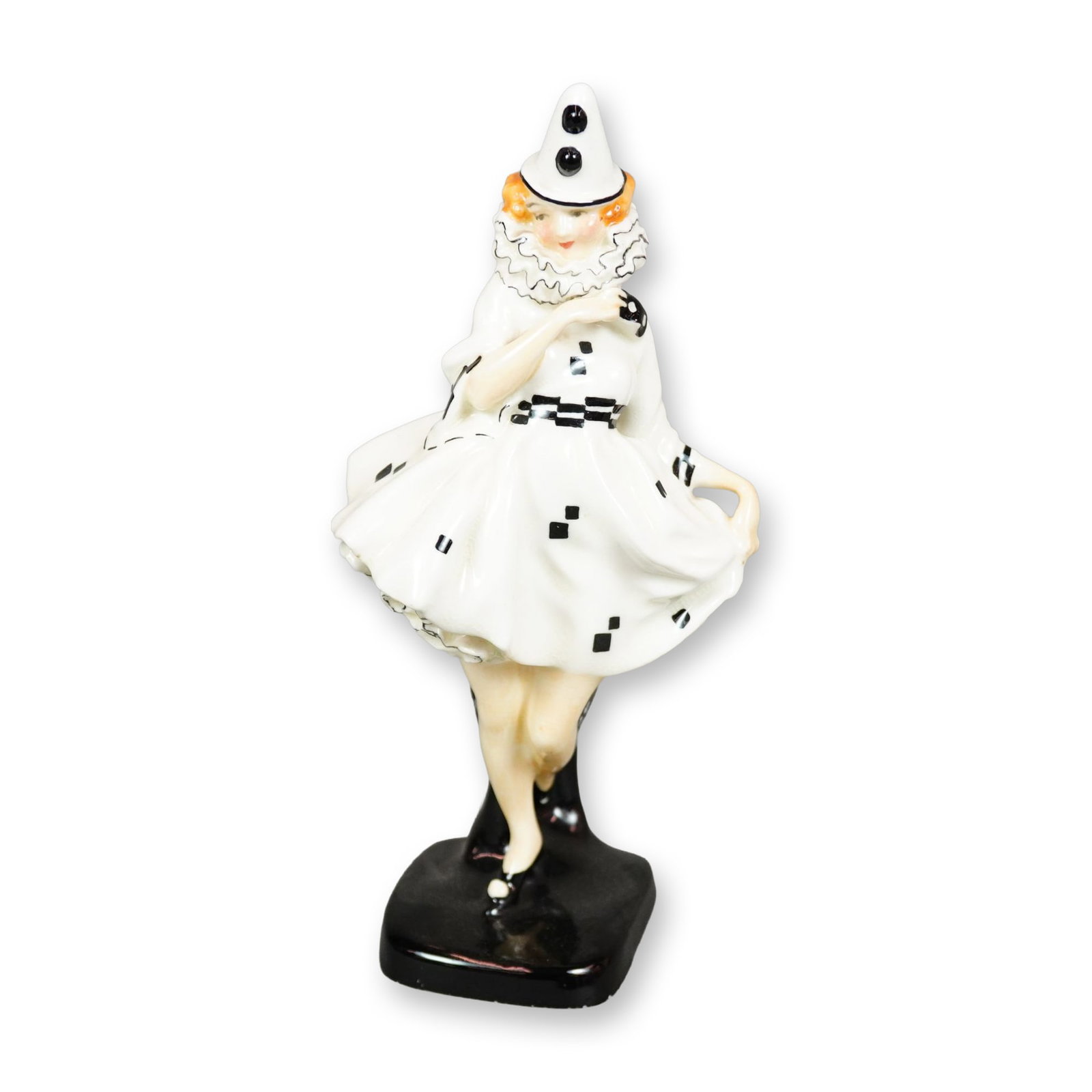 Royal Doulton Porcelain Figurine, Pierrette HN644: Hand painted figure of a mischievous Pierrette dressed in a black in white. Royal Doulton backstamp. Artist: Leslie Harradine Dimensions: 3.25"L x 3.25"W x 7"H Manufacturer or Brand: Royal Doulton Cou