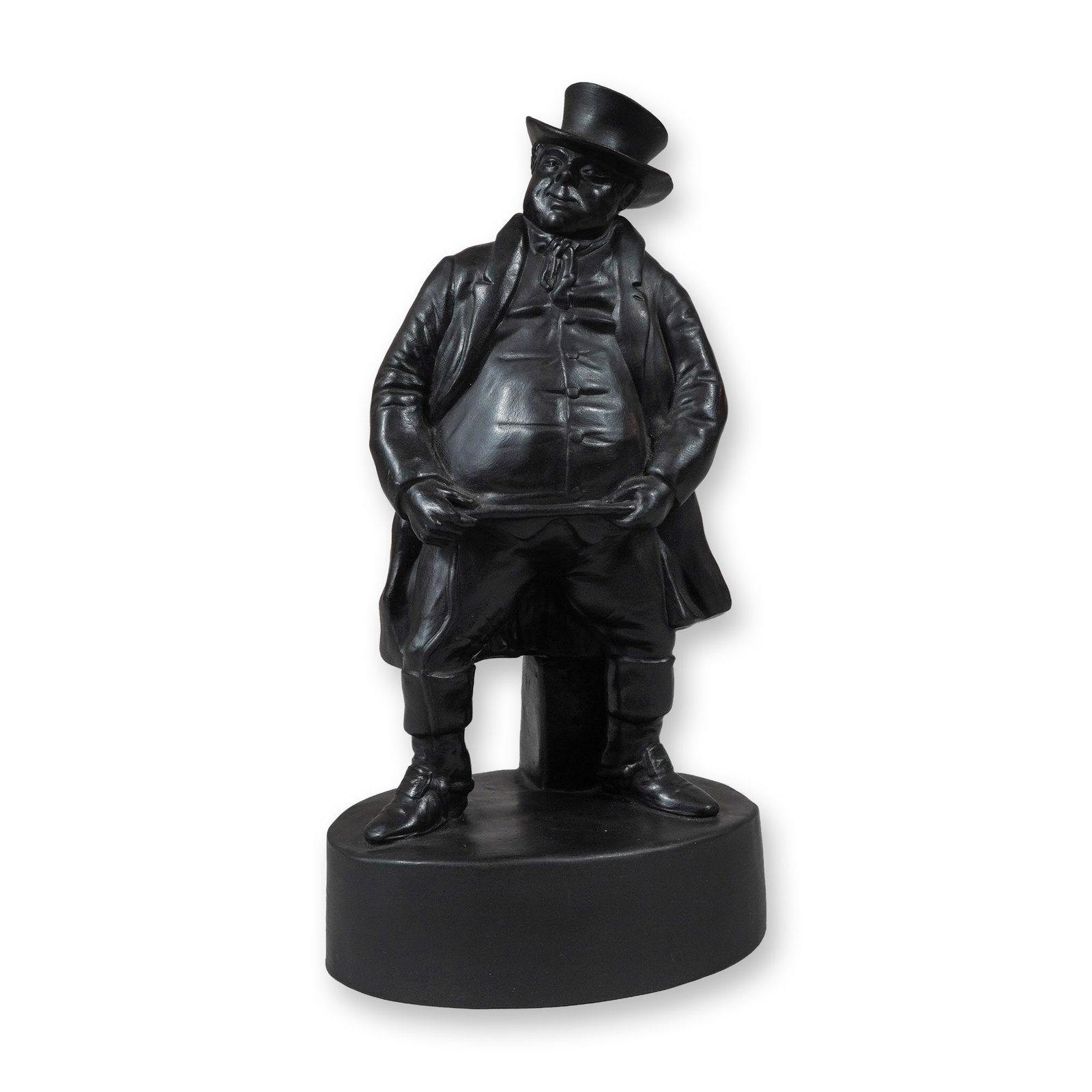 Wedgwood Black Basalt Figure of John Bull: A Wedgwood black basalt figurine depicting the figure of John Bull, the personification of the United Kingdom. The figure is modeled with a portly stature and a confident expression, wearing a top hat