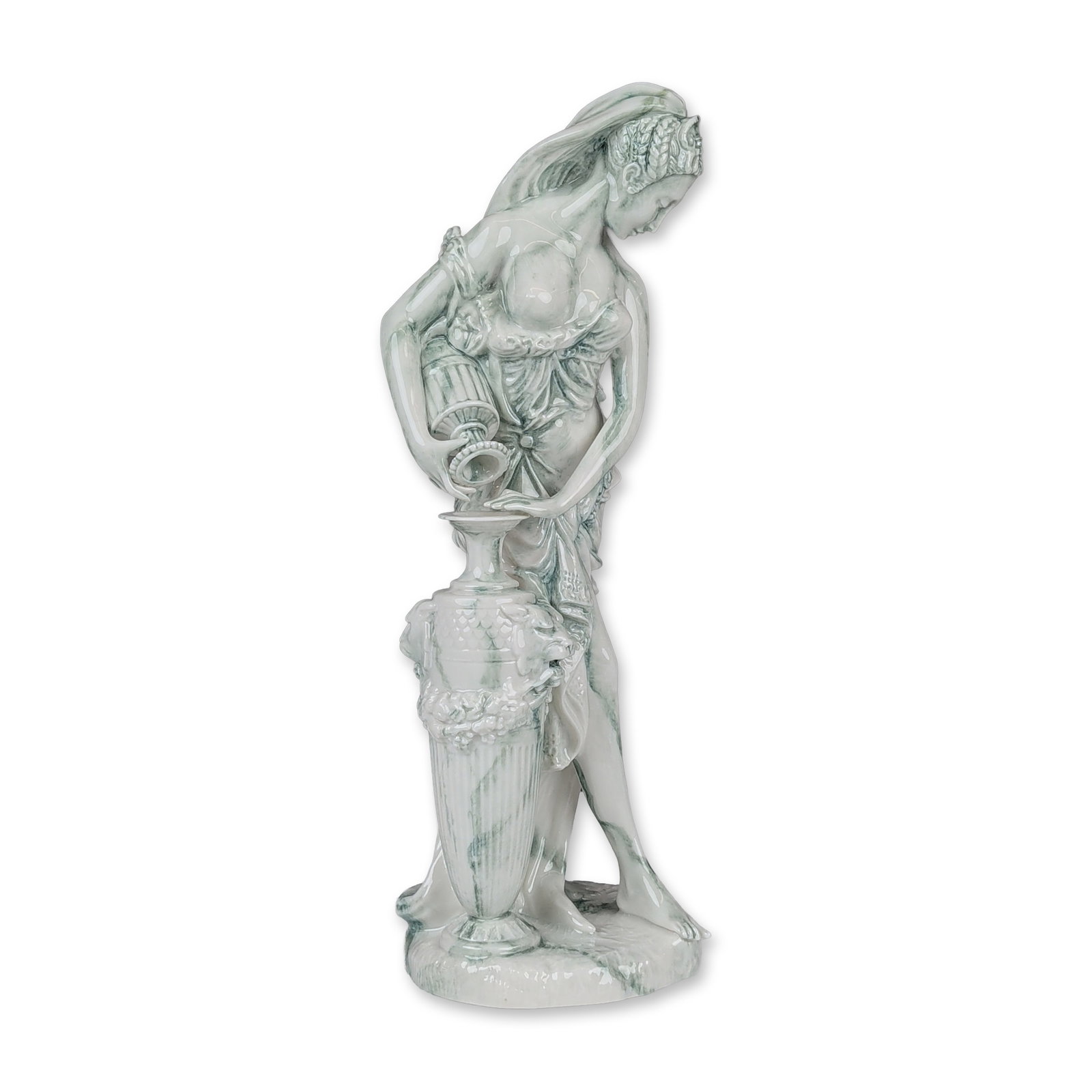 Royal Doulton Prototype Chinese Jade Neoclassical Figurine: Porcelain figurine in the Neoclassical style, depicting a draped female figure leaning against a fluted column section with floral garlands. The figure is shown holding a small amphora. The exterior i
